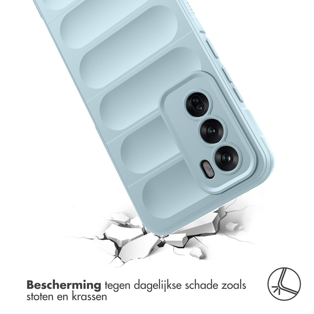 Lichtblauwe telefoonhoes valt op gebroken grond, stootbeschermingssymbool.