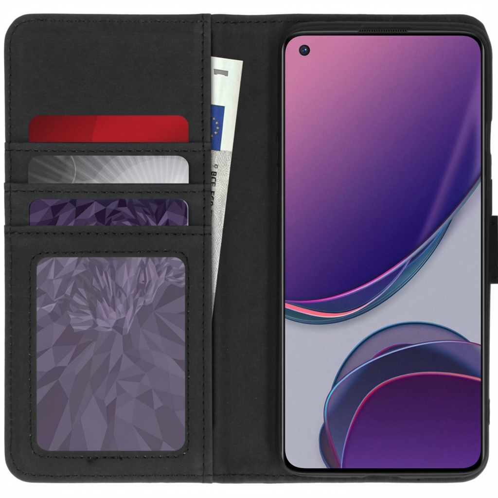 Custodia a portafoglio nera con telefono, carte e banconota in euro. Schermo del telefono mostra un design viola astratto.
