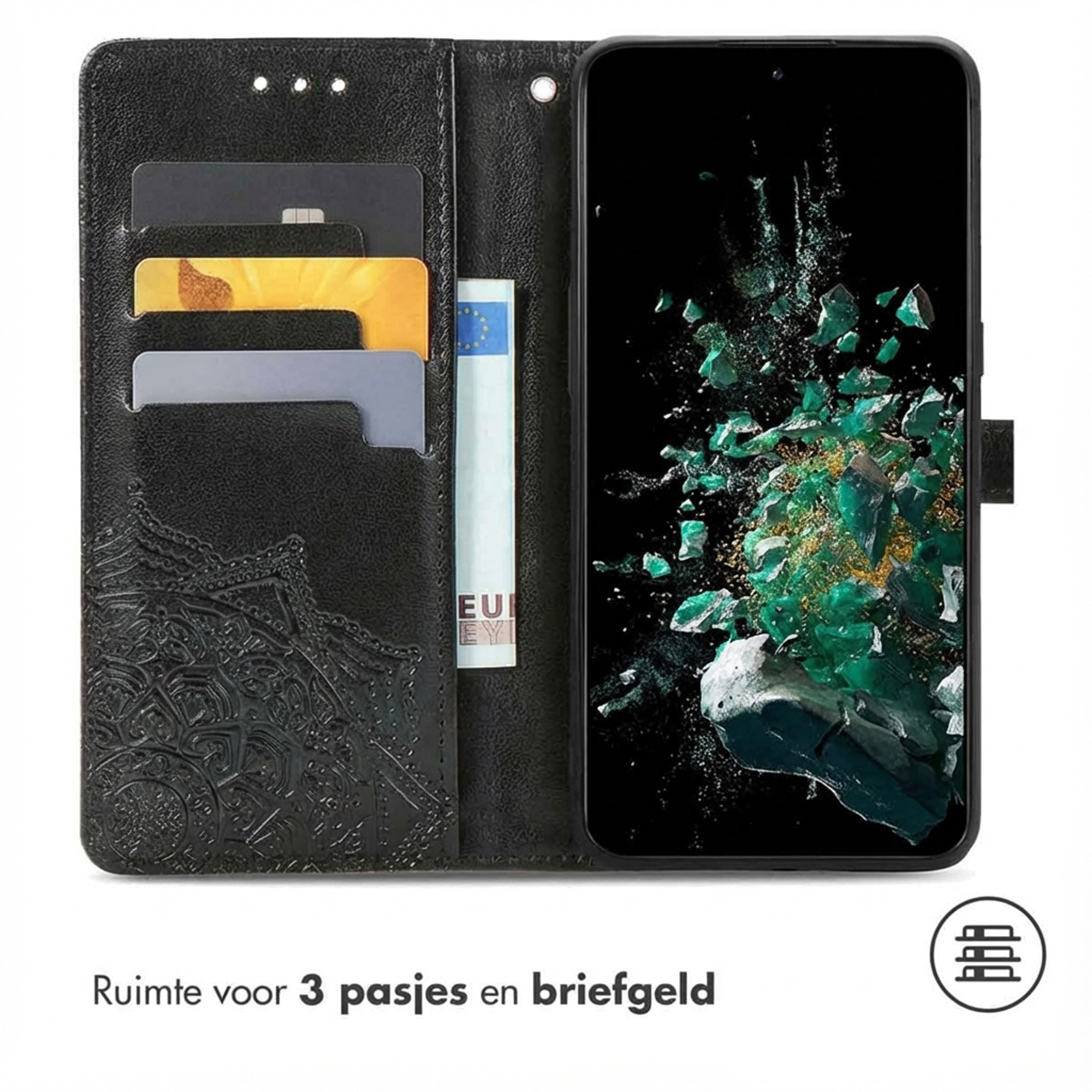 Zwarte telefoonhoes met kaartsleuven en geldvak, open met telefoon.