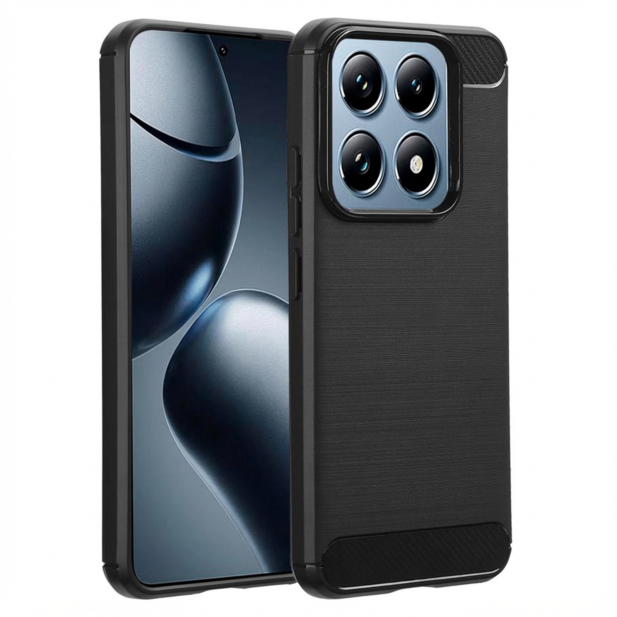 Zwarte telefoonhoes met vier cameralenzen en een scherm.