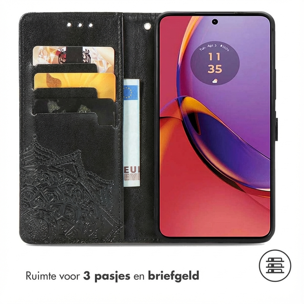 Zwarte telefoon portemonnee met kaarthouders en geldvak, toont tijd.