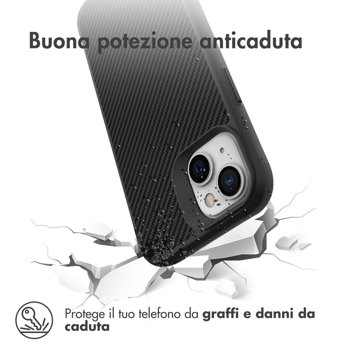 Cover nera per telefono cade, rompe superfici bianche. Buona protezione.