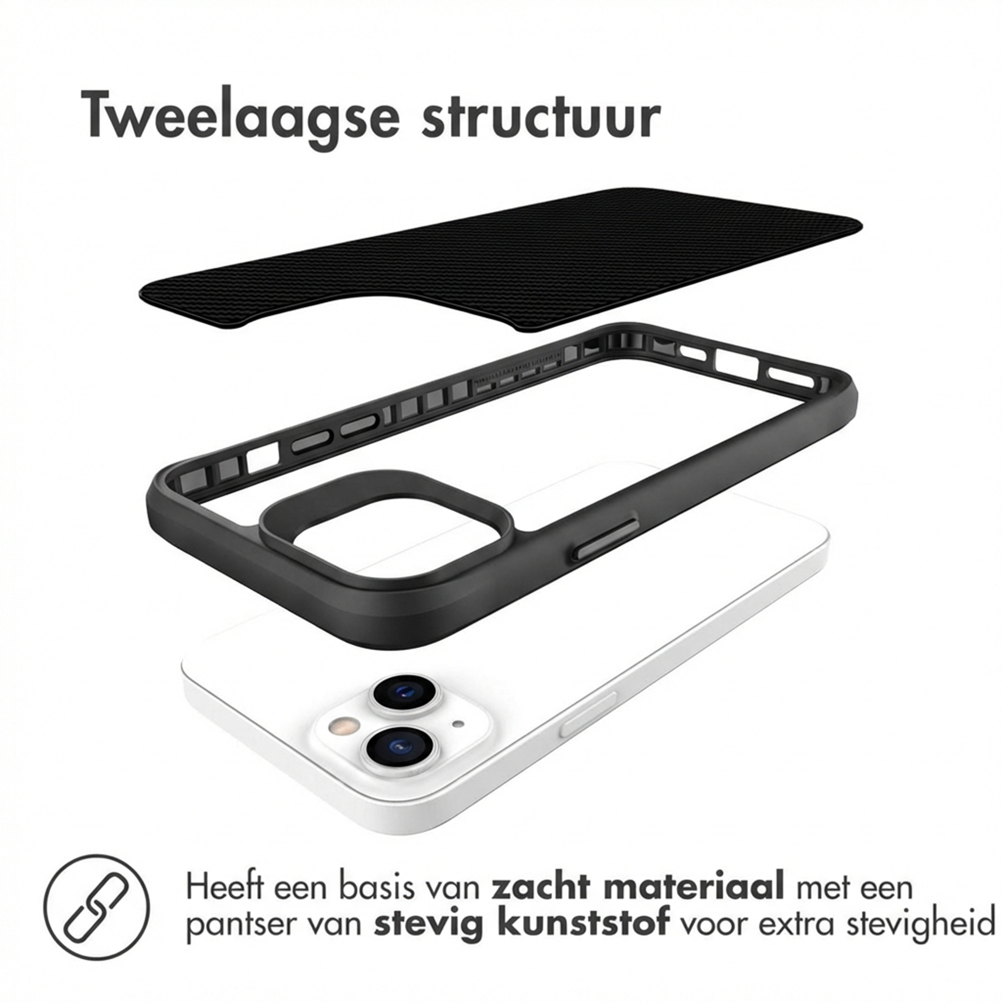 Struttura a due strati: cornice nera, retro nero, telefono bianco.