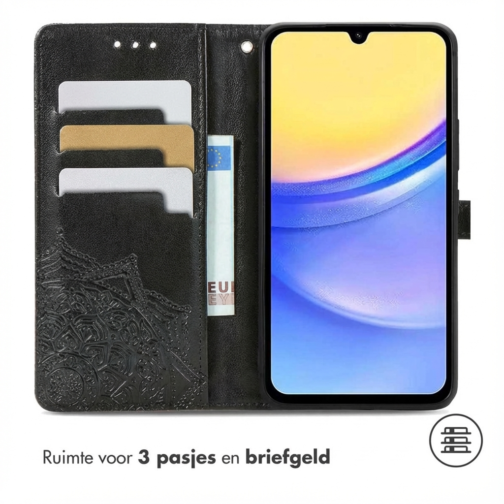 Zwarte telefoonhoes met kaarthouders en een bankbiljet. De telefoon toont een blauw en geel behang.
