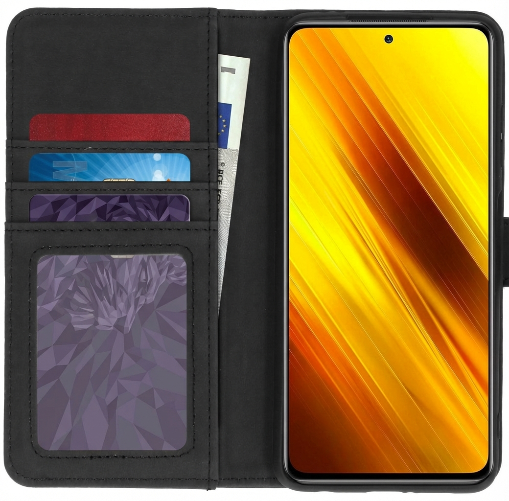 Étui portefeuille noir avec cartes et argent, et un smartphone avec écran abstrait jaune.