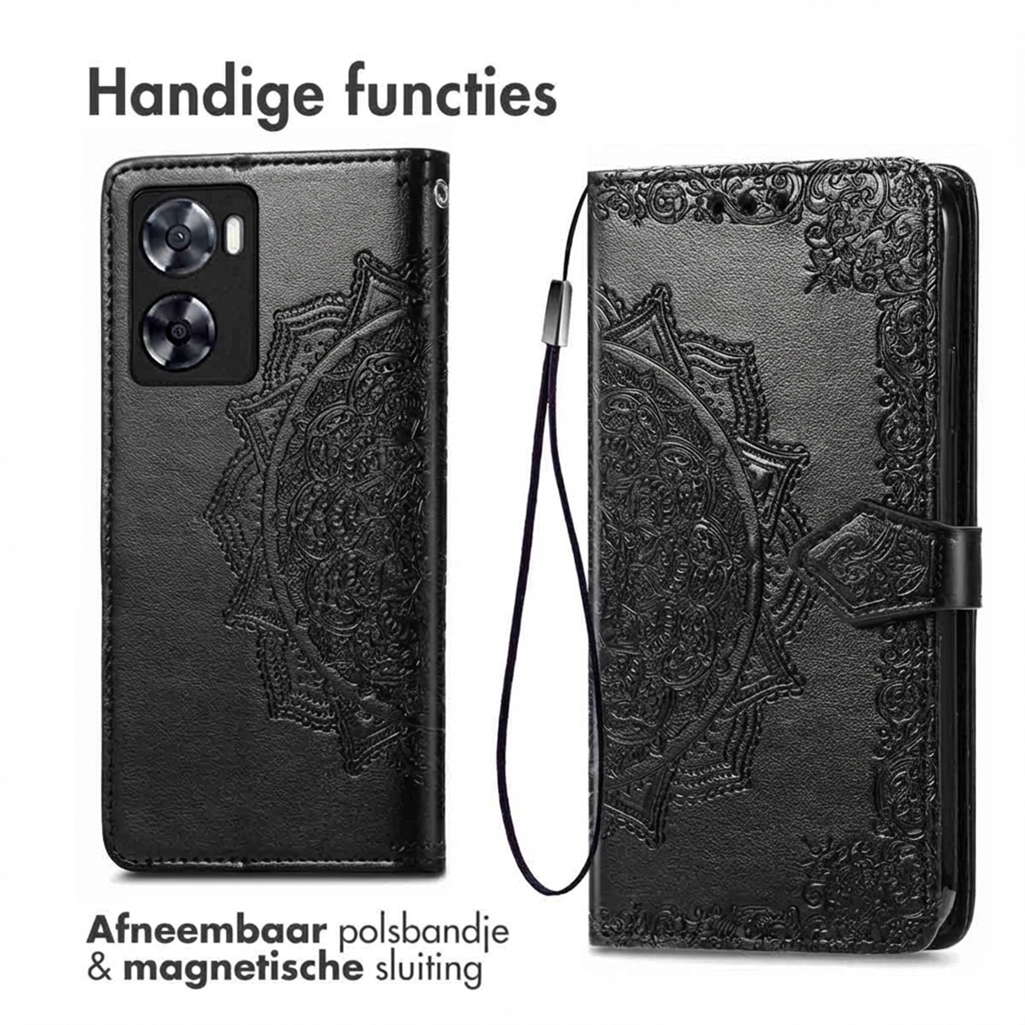 Zwart telefoonhoesje met reliëf mandala, afneembaar polsbandje en magnetische sluiting.