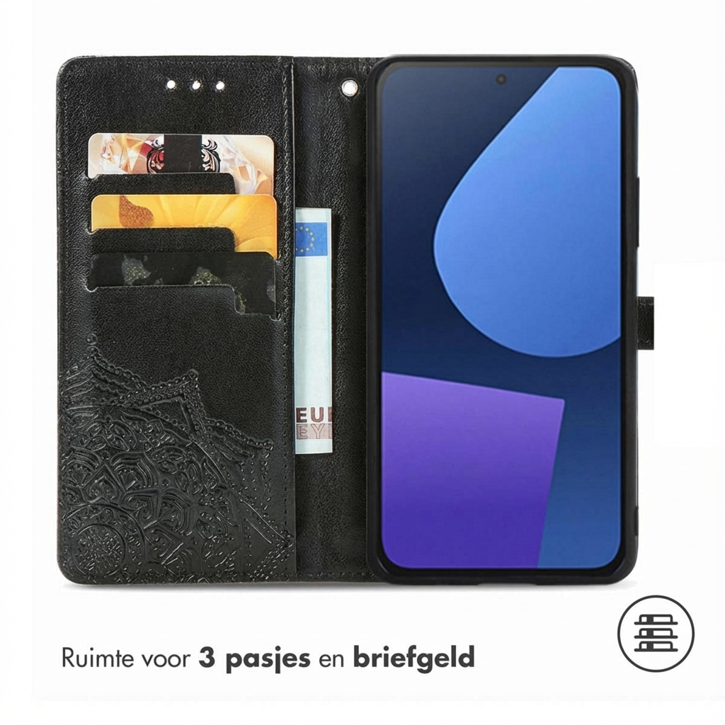 Zwarte telefoonhoes met kaartsleuven en geldvak. Een smartphone is geplaatst.