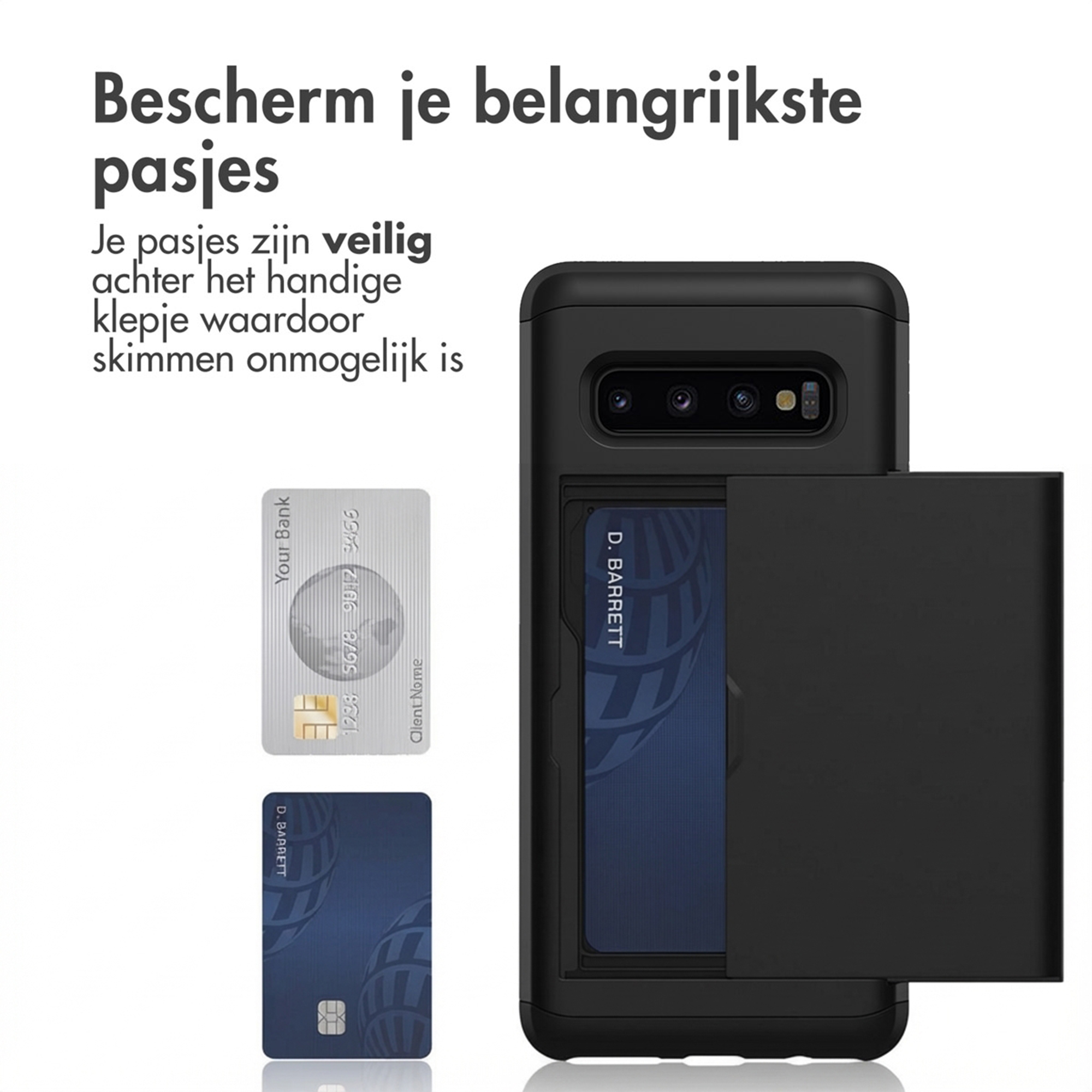 Custodia nera per telefono con portacarte, che mostra carte di credito e testo.