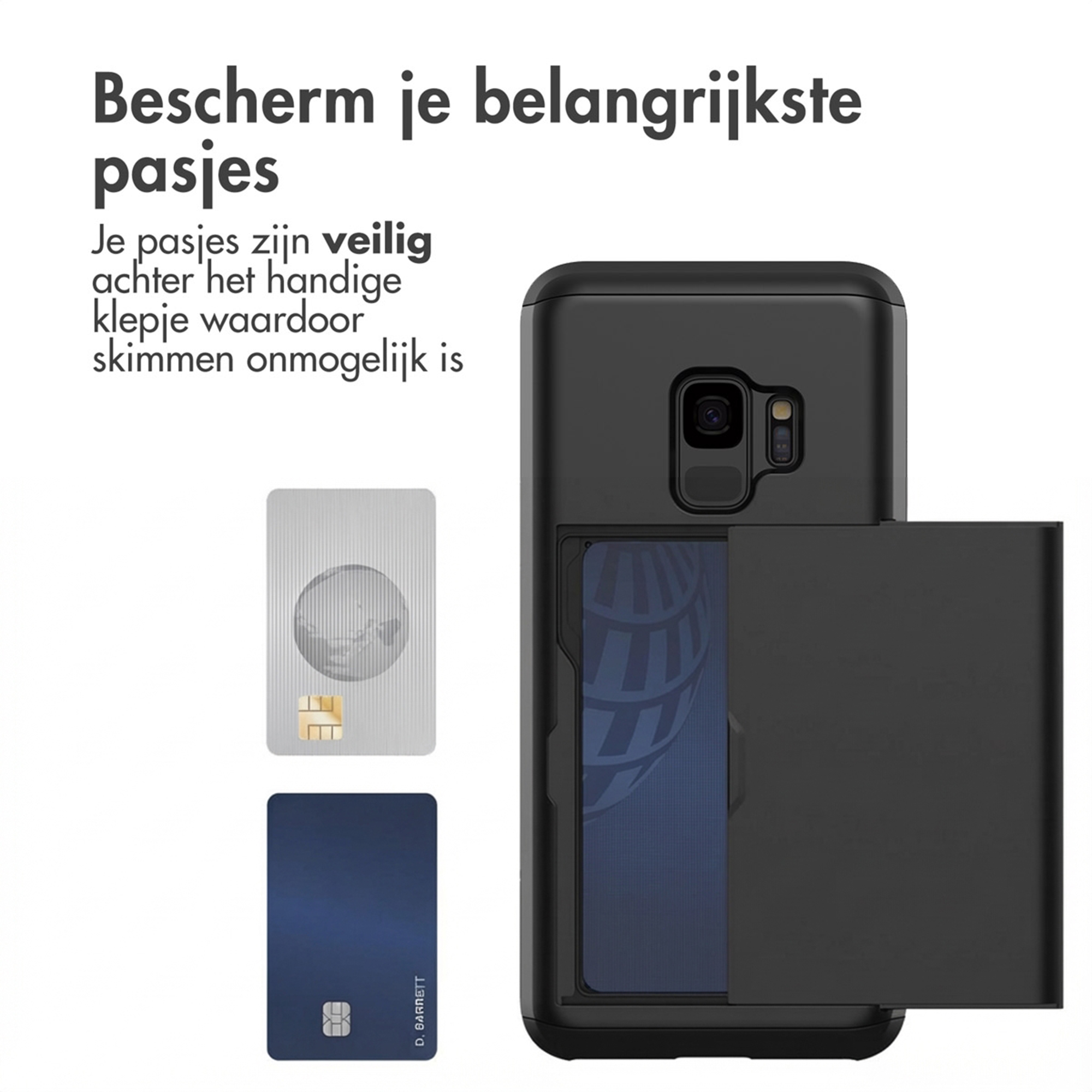 Coque de téléphone noire avec fentes pour cartes et deux cartes à côté.