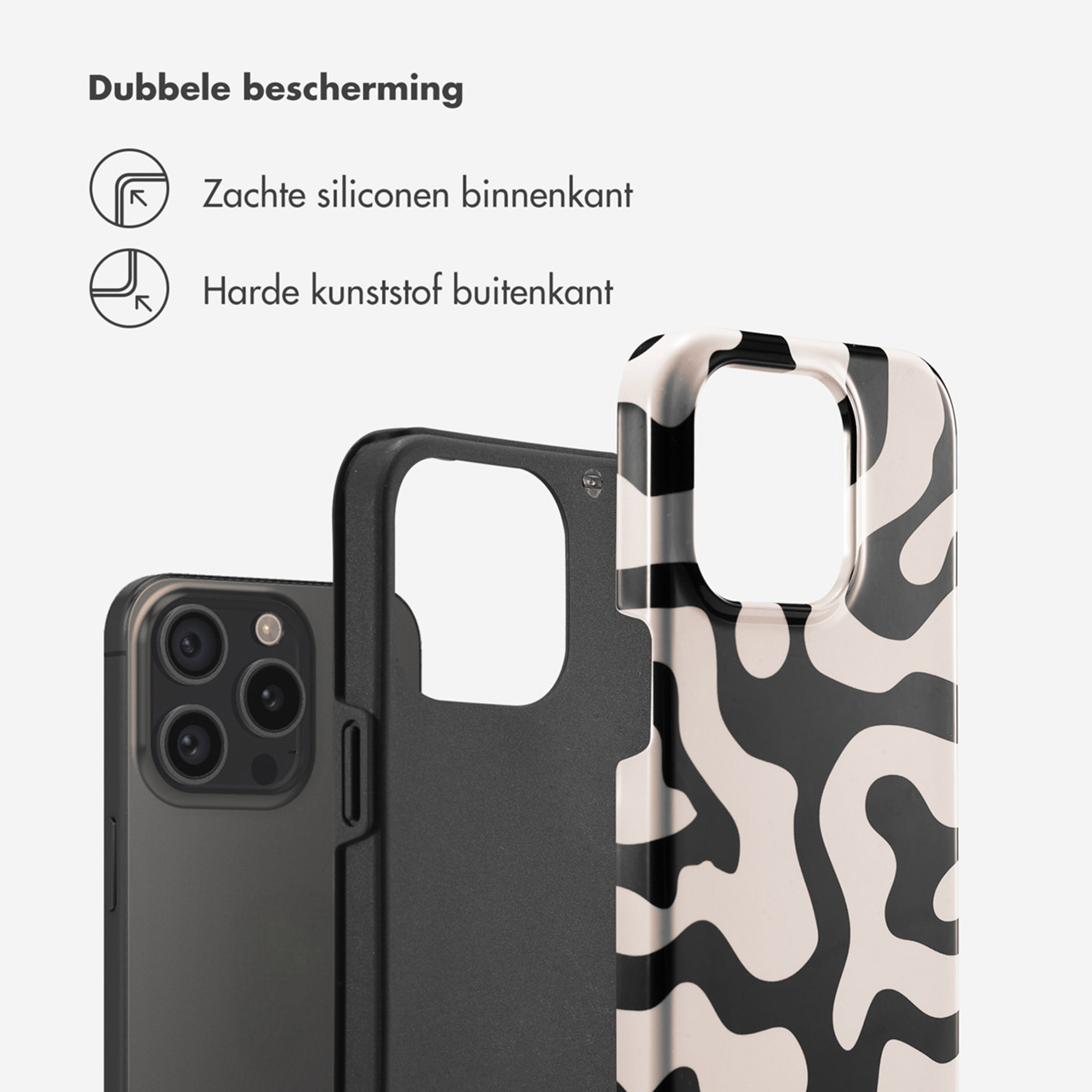 Un smartphone avec un étui montrant un intérieur en silicone souple et un extérieur dur.