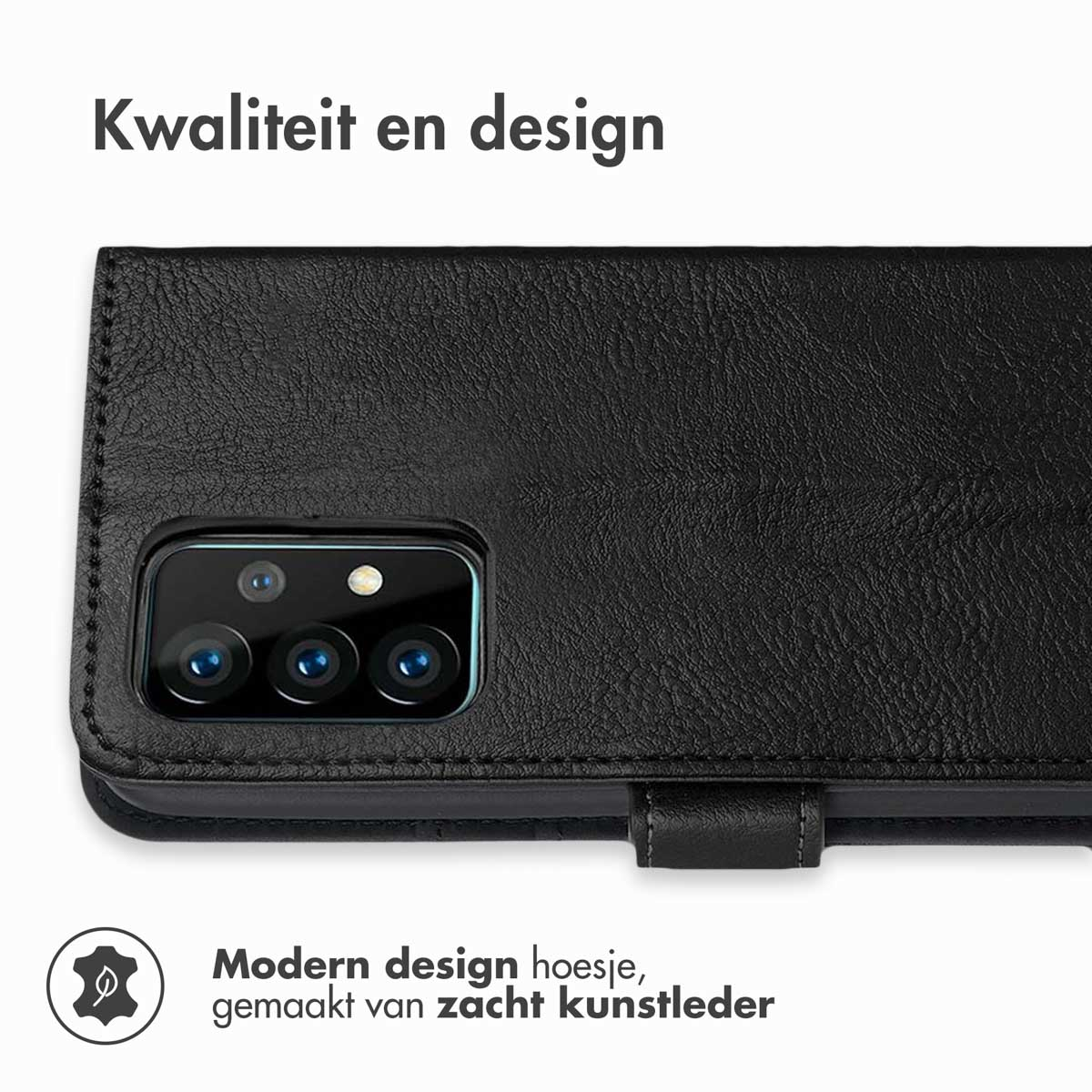 Zwarte kunstleren telefoonhoes met cameralenzen en logo.
