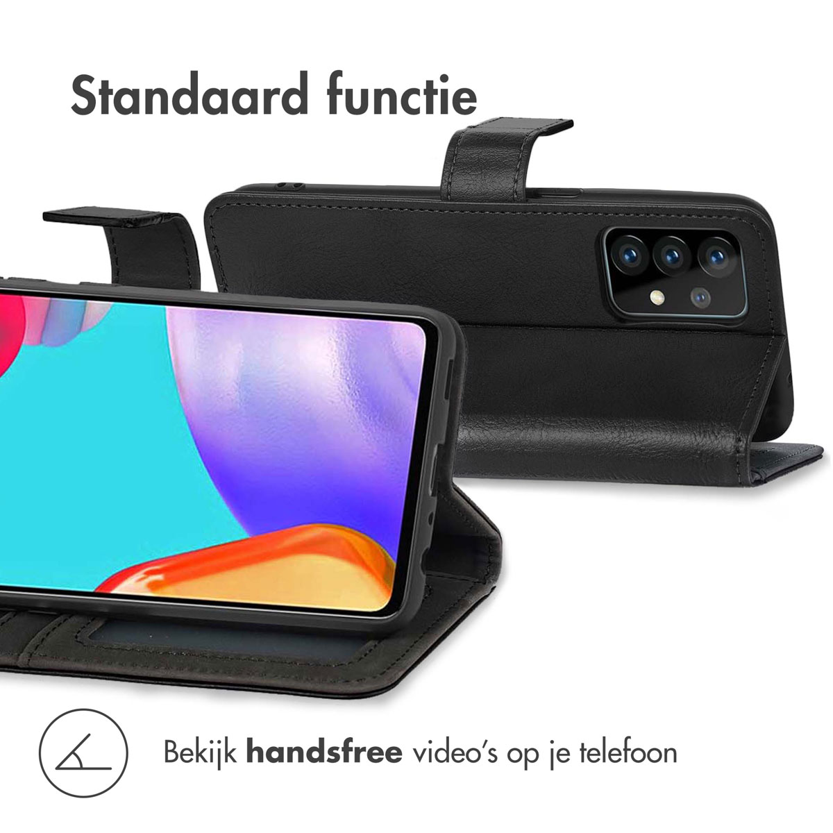 Zwart flip telefoonhoesje in landschap, met open scherm en standaardfunctie.