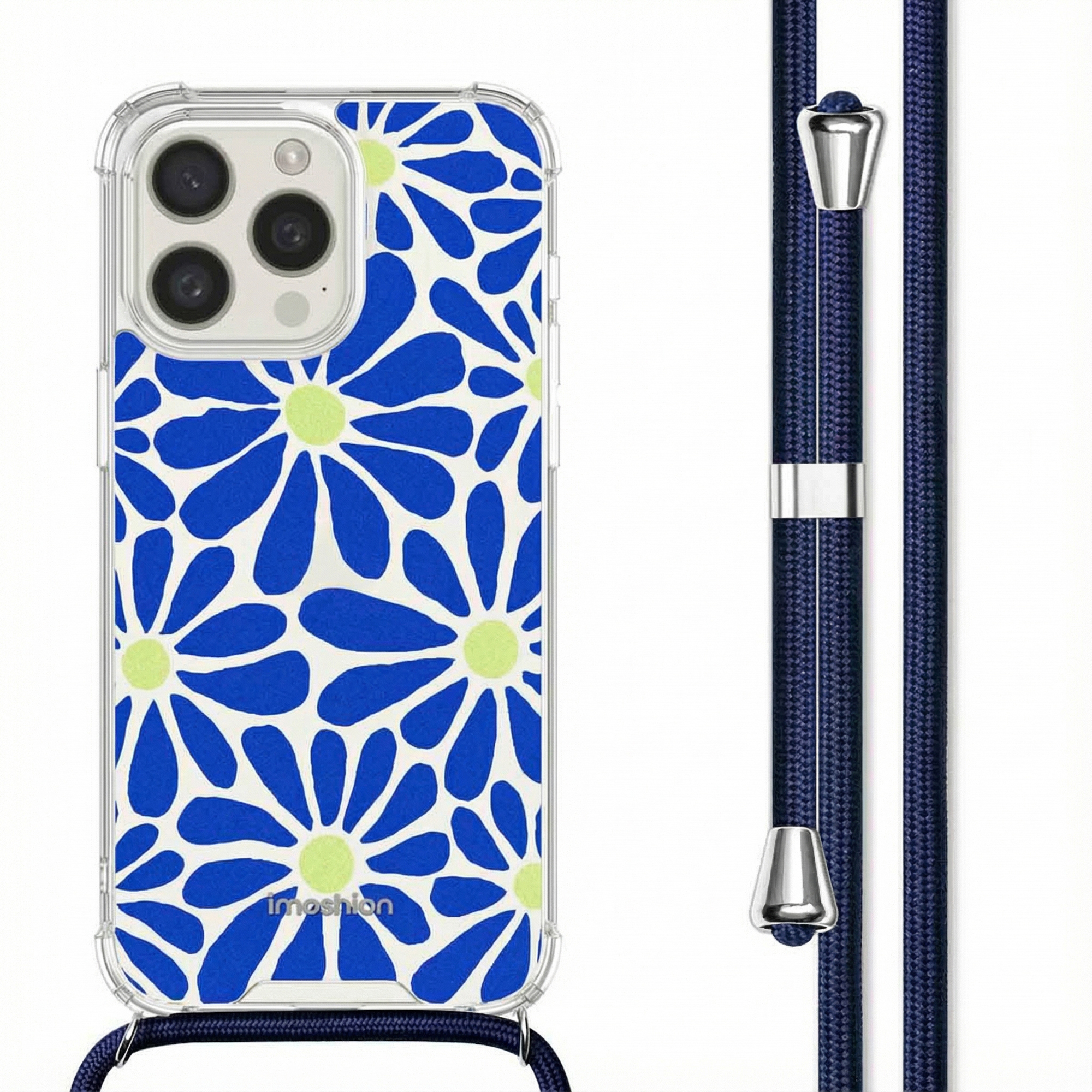 Een doorzichtige hoes met blauw bloemenpatroon en een koord.