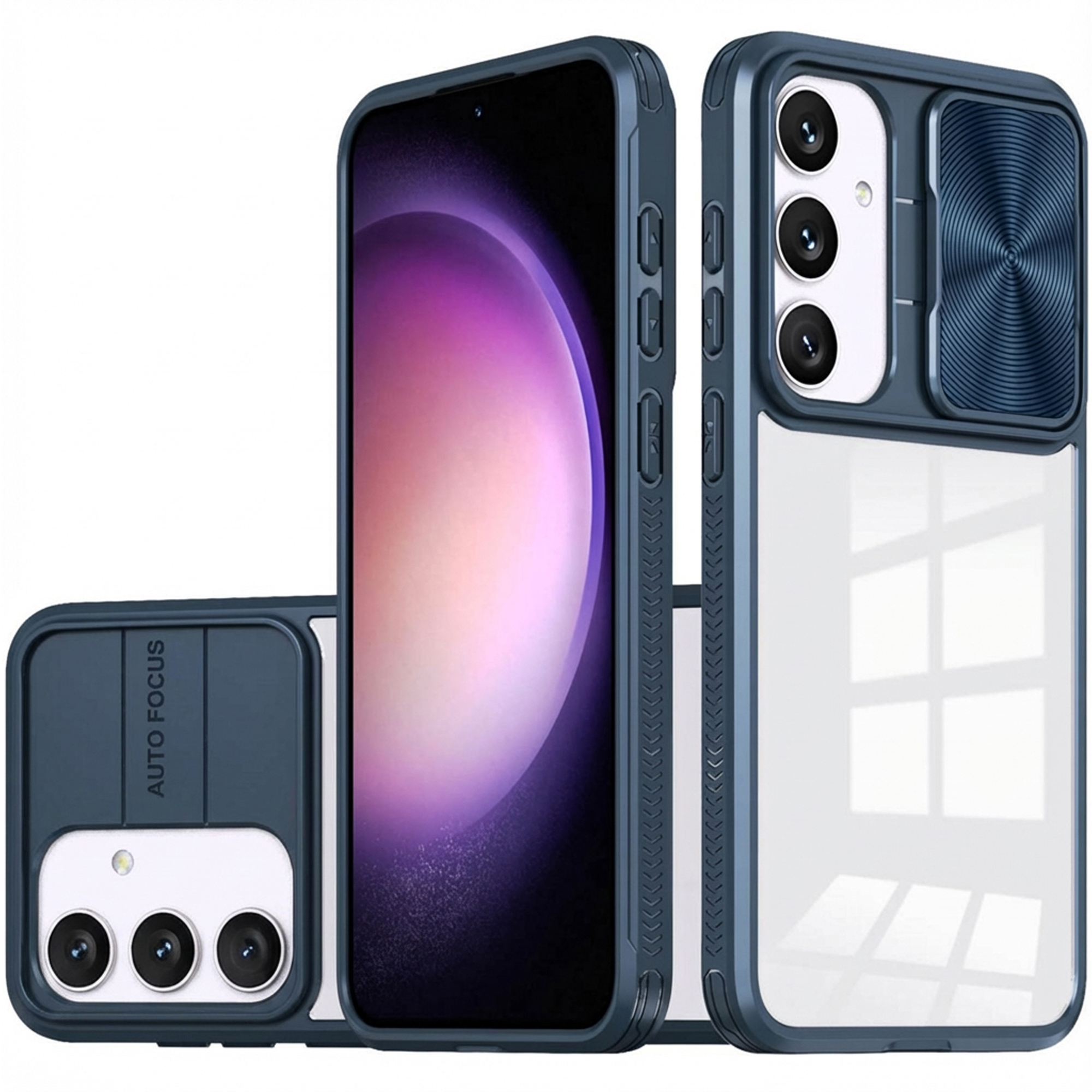 Trois coques de téléphone bleu foncé avec protection caméra et dos transparent.