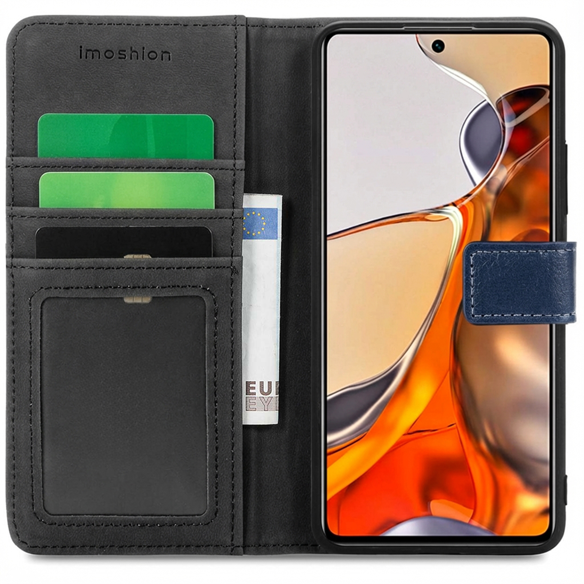 Portefeuille noir pour téléphone avec fentes pour cartes, poche à billets et fermeture à sangle bleue