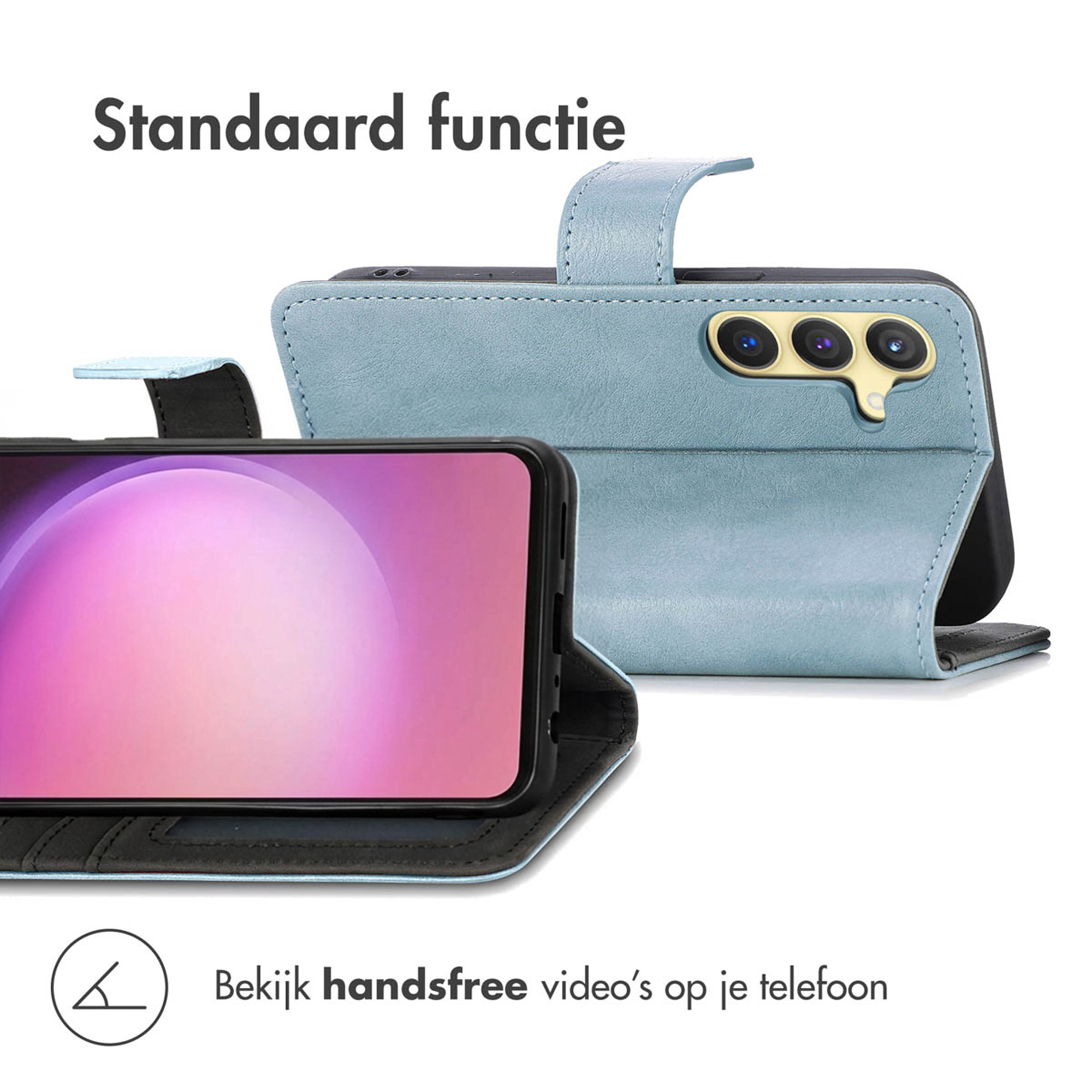 Een blauwe telefoonhoes met ingebouwde standaard die een smartphone vasthoudt.