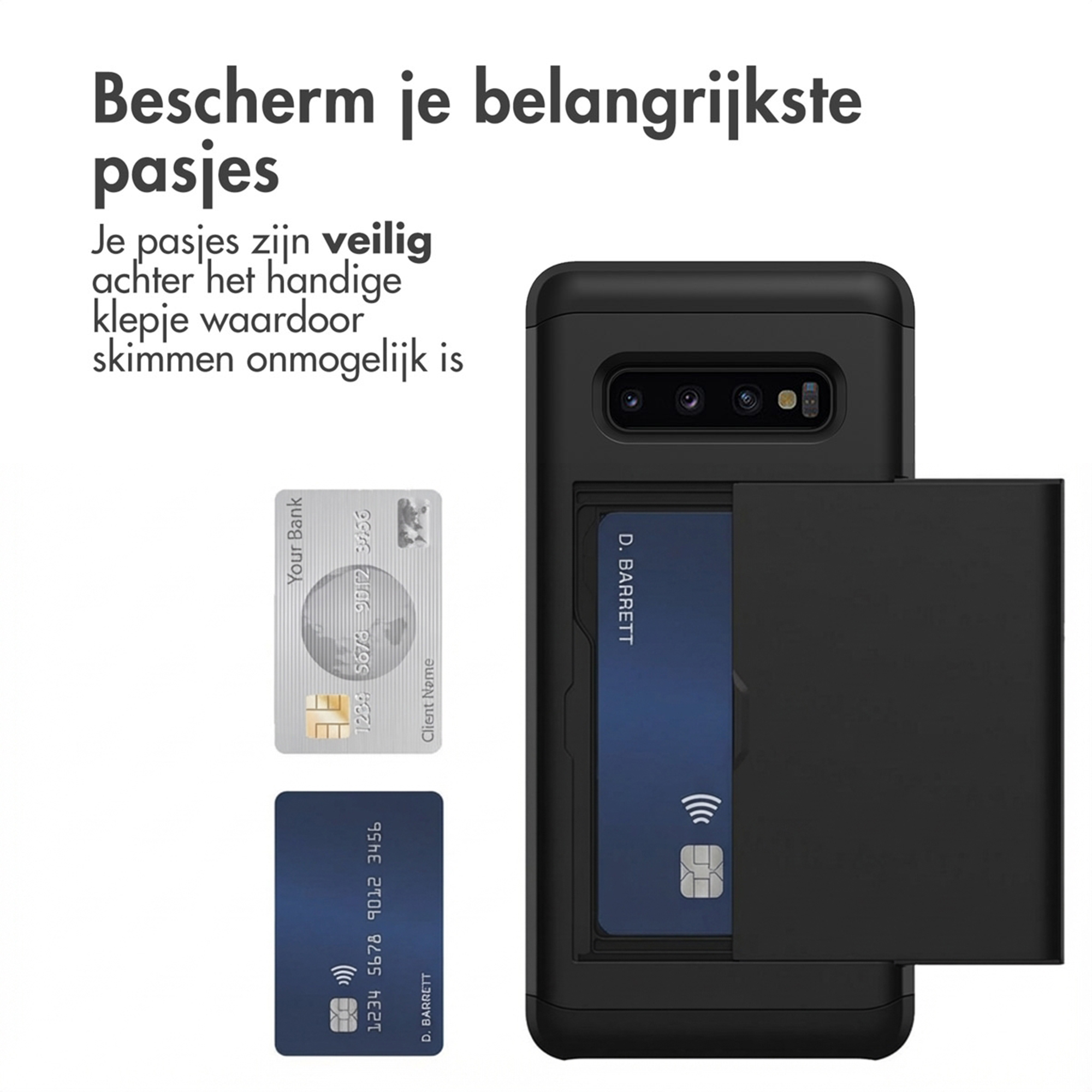 Coque de téléphone noire avec fente pour carte, montrant deux cartes de crédit.