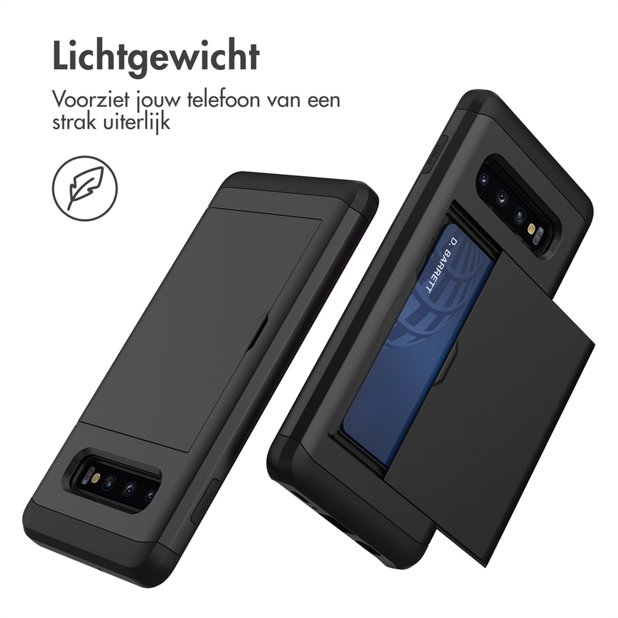 Coque de téléphone noire avec fente pour carte et découpe caméra.