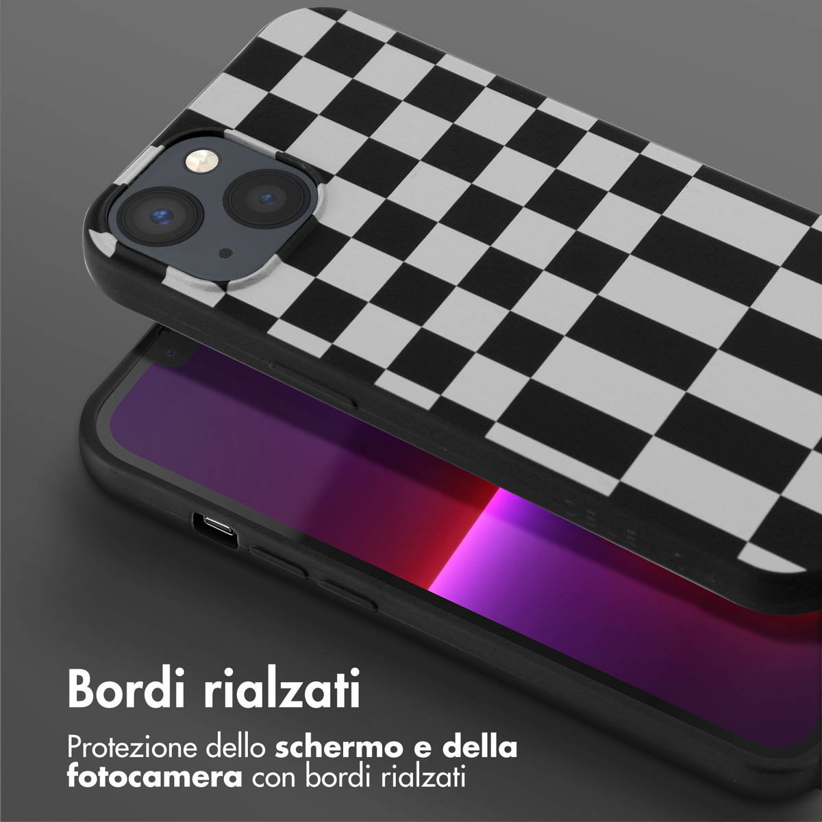 Coque de téléphone à damier noir et blanc avec protubérance de caméra et écran violet.