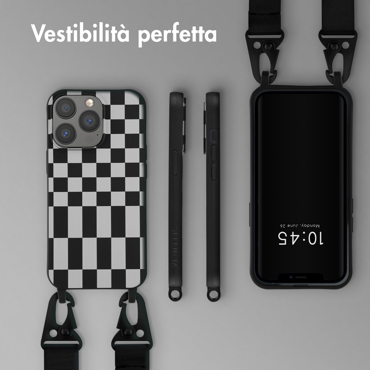 Coque de téléphone noire à damier avec sangle. À côté, deux coques noires et un smartphone.