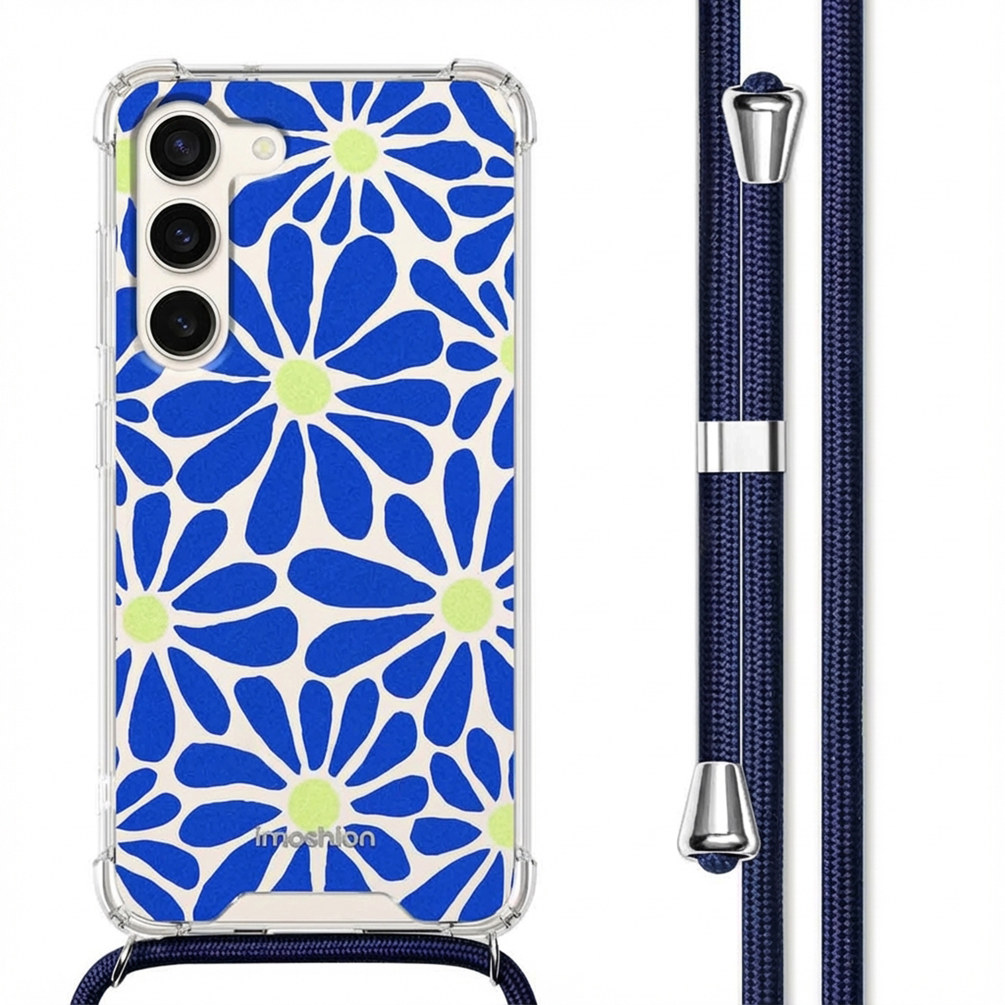 Een doorzichtige telefoonhoes met blauw bloemenpatroon en draagband.