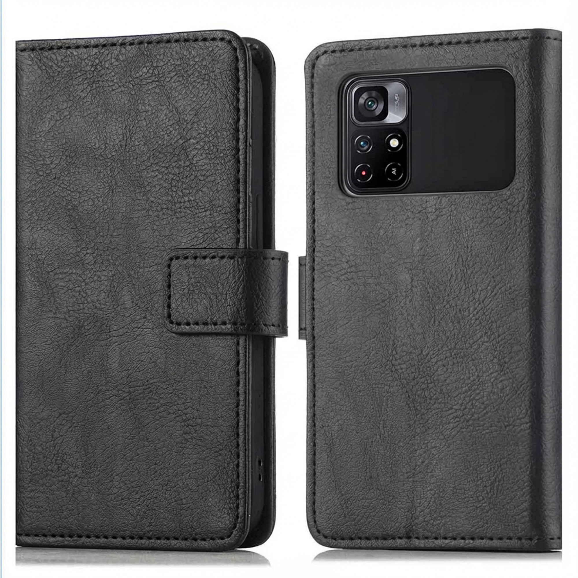 Étui de téléphone à rabat en cuir noir avec découpe pour appareil photo et fermeture à sangle.