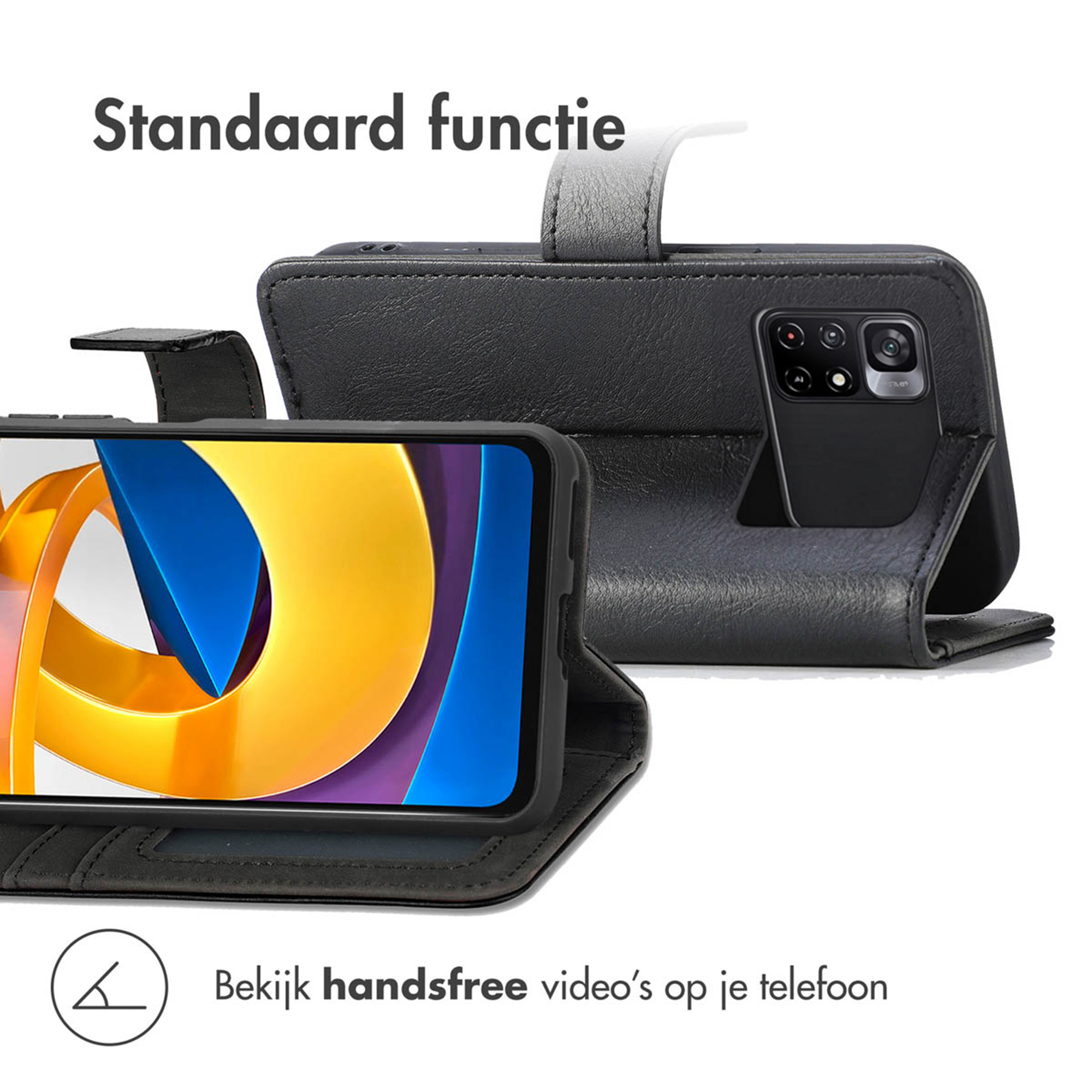 Étui de téléphone noir ouvert, montrant la fonction support et la vue de la caméra.
