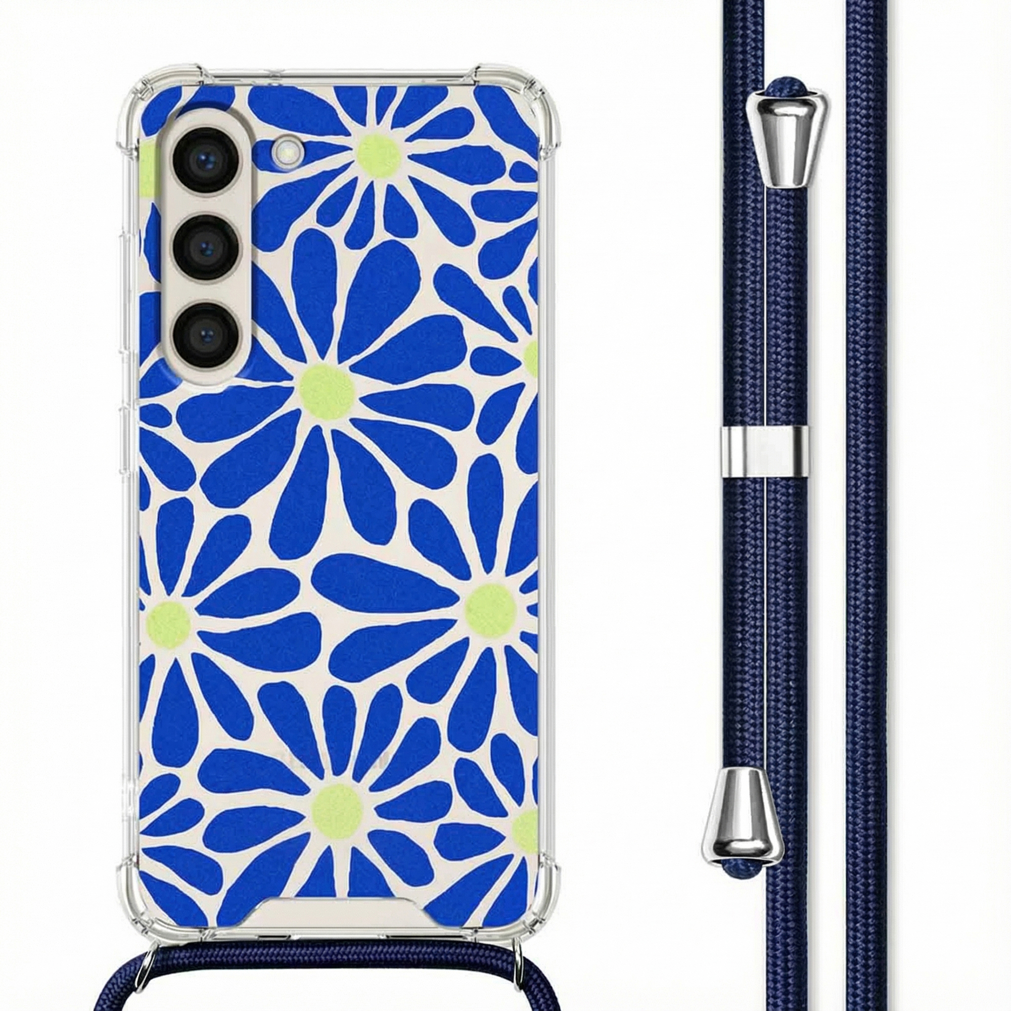 Telefoonhoesje met blauw-geel bloemenpatroon en een blauw koord met zilveren beslag.