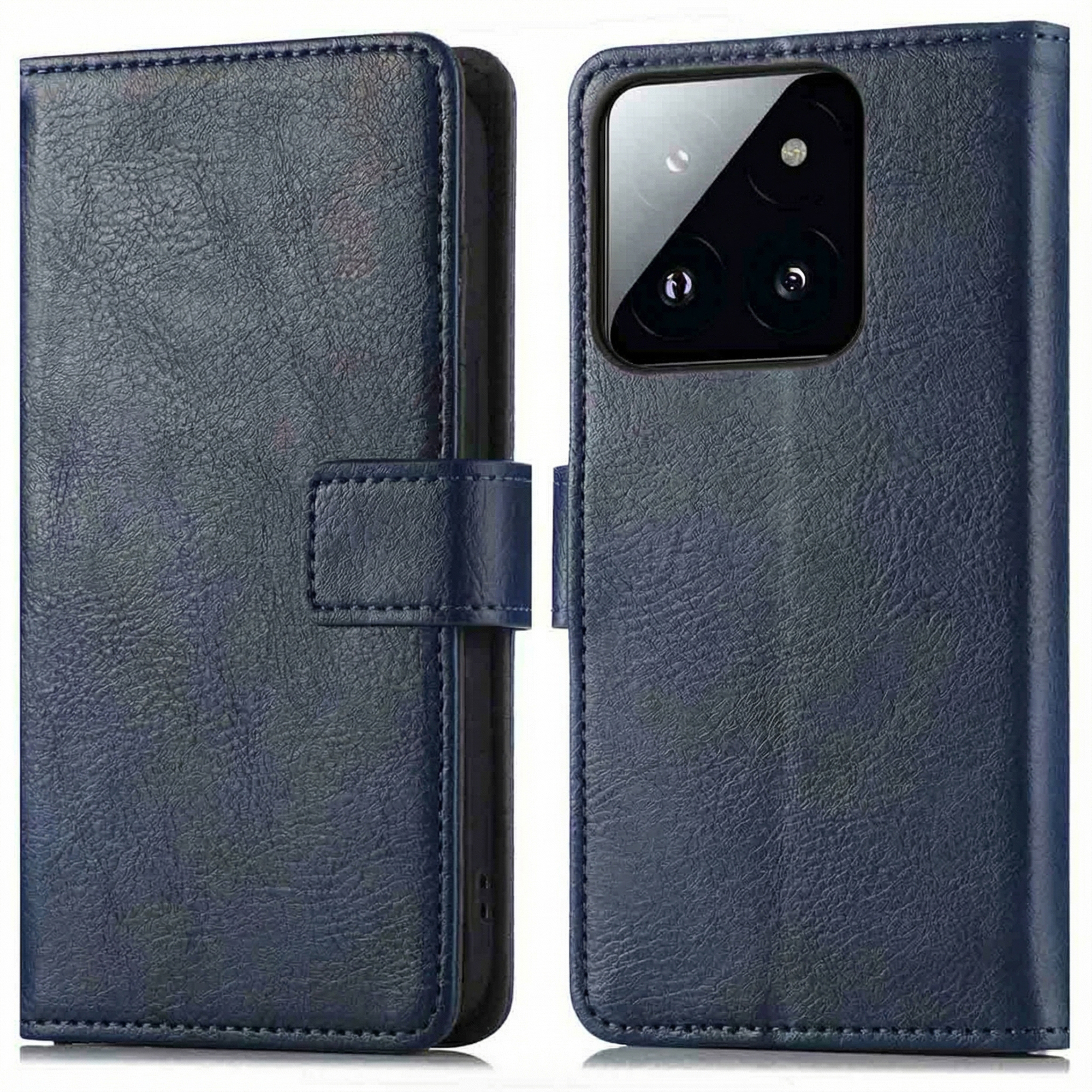 Een donkerblauwe leren telefoonhoes, open, toont een telefoon met meerdere camera's.