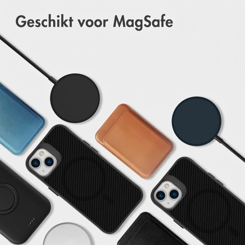 Plusieurs étuis et chargeurs compatibles MagSafe, dont des étuis noirs et bleus.