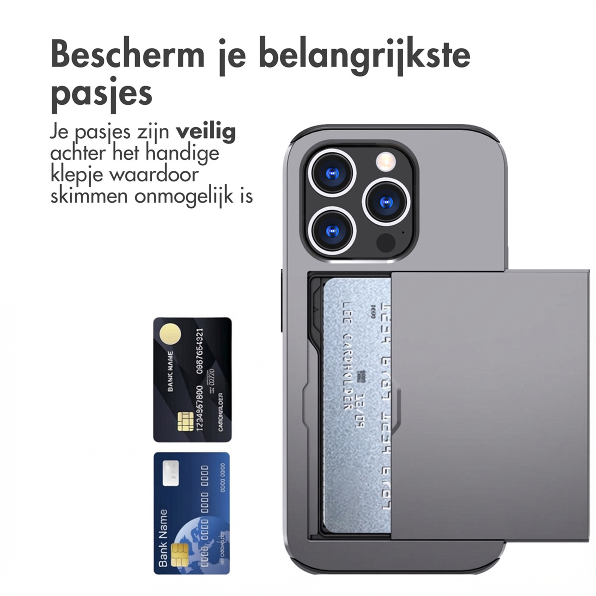 Étui de téléphone gris montrant un compartiment pour cartes avec deux cartes et du texte néerlandais.