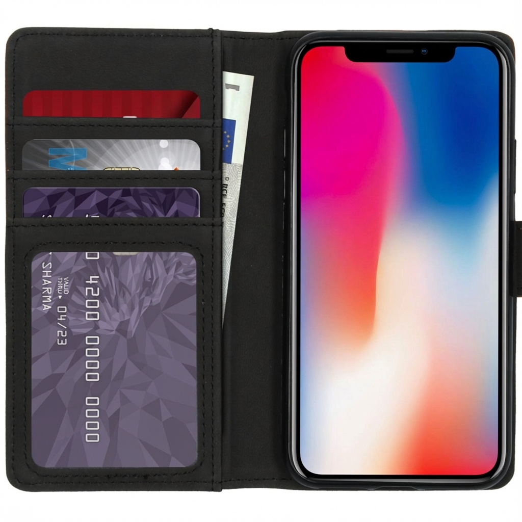 Zwarte flip telefoonhoes met iPhone, kaarten en bankbiljet.