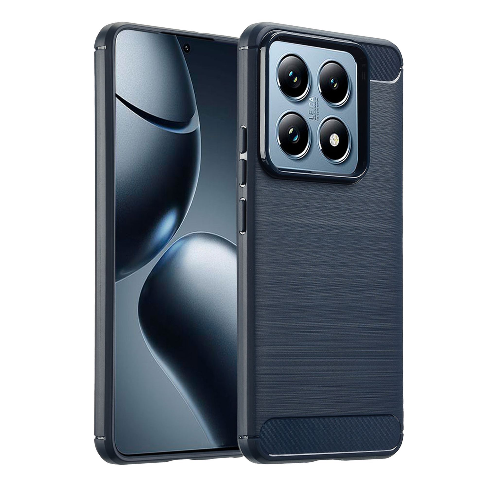 Un téléphone bleu foncé avec quadruple appareil photo et étui texturé.