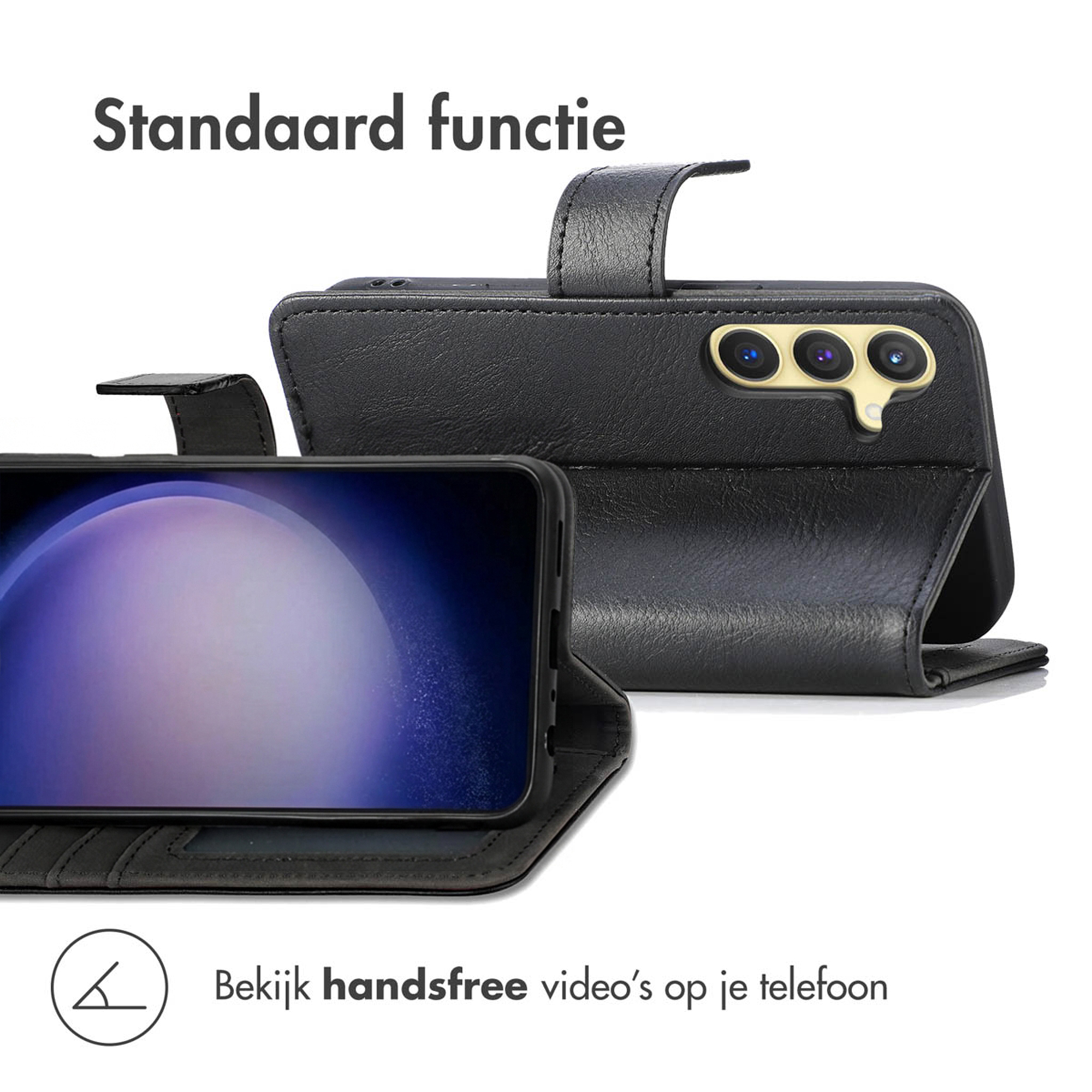 Zwarte flip telefoonhoes met standaardfunctie en cameralens.