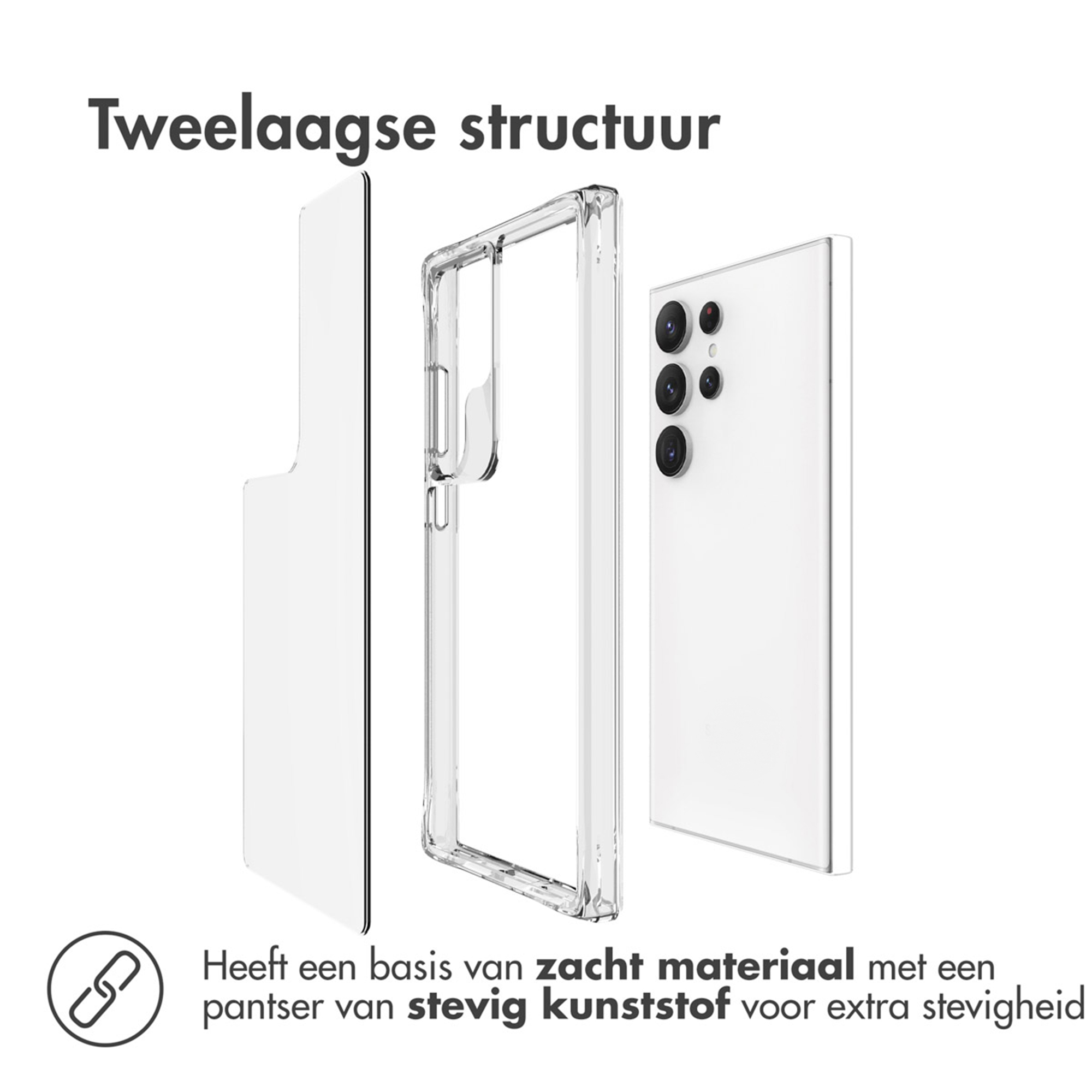 Two-layer structure: clear case, white phone with cameras.