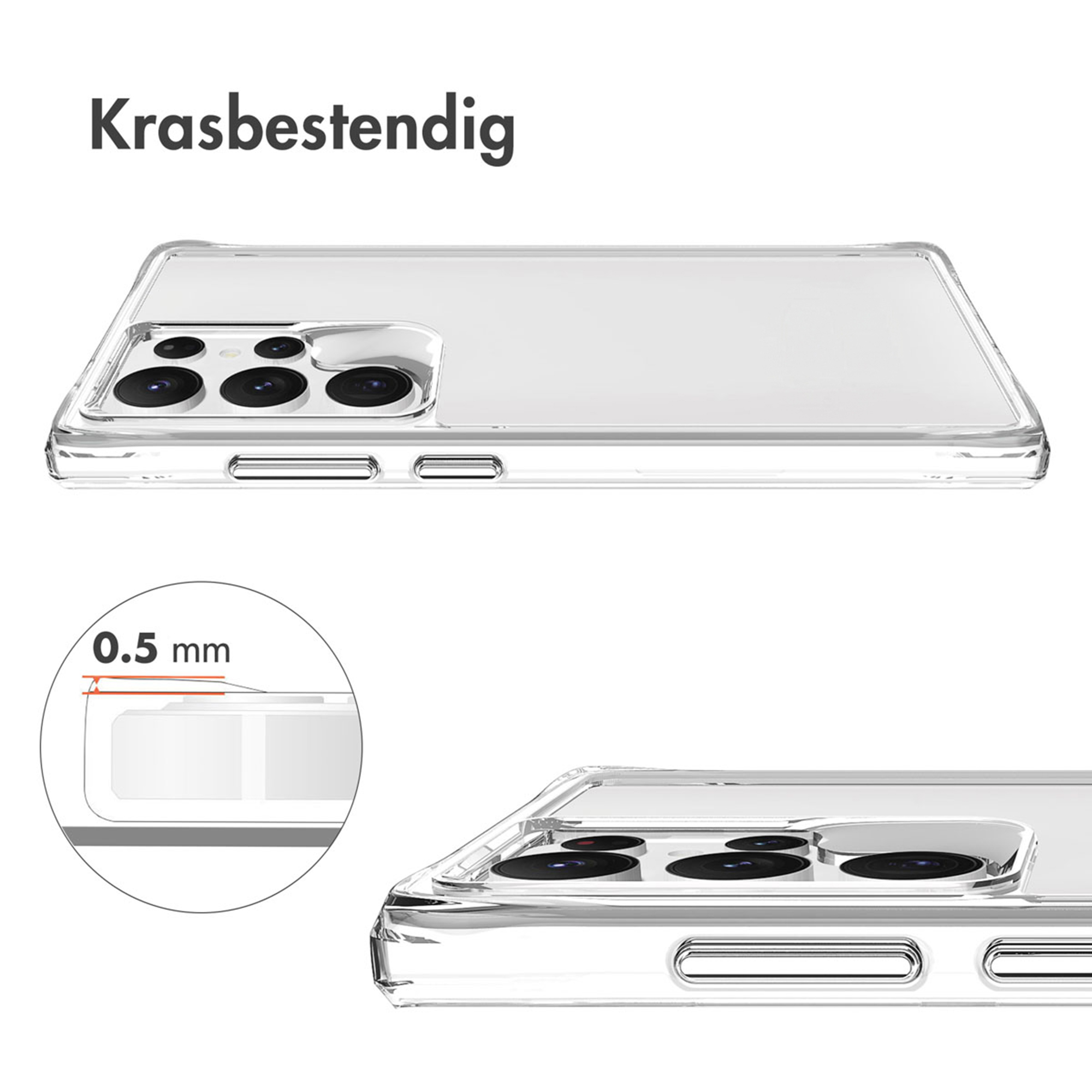 Clear phone case showing multiple cameras and a 0.5 mm detail view.