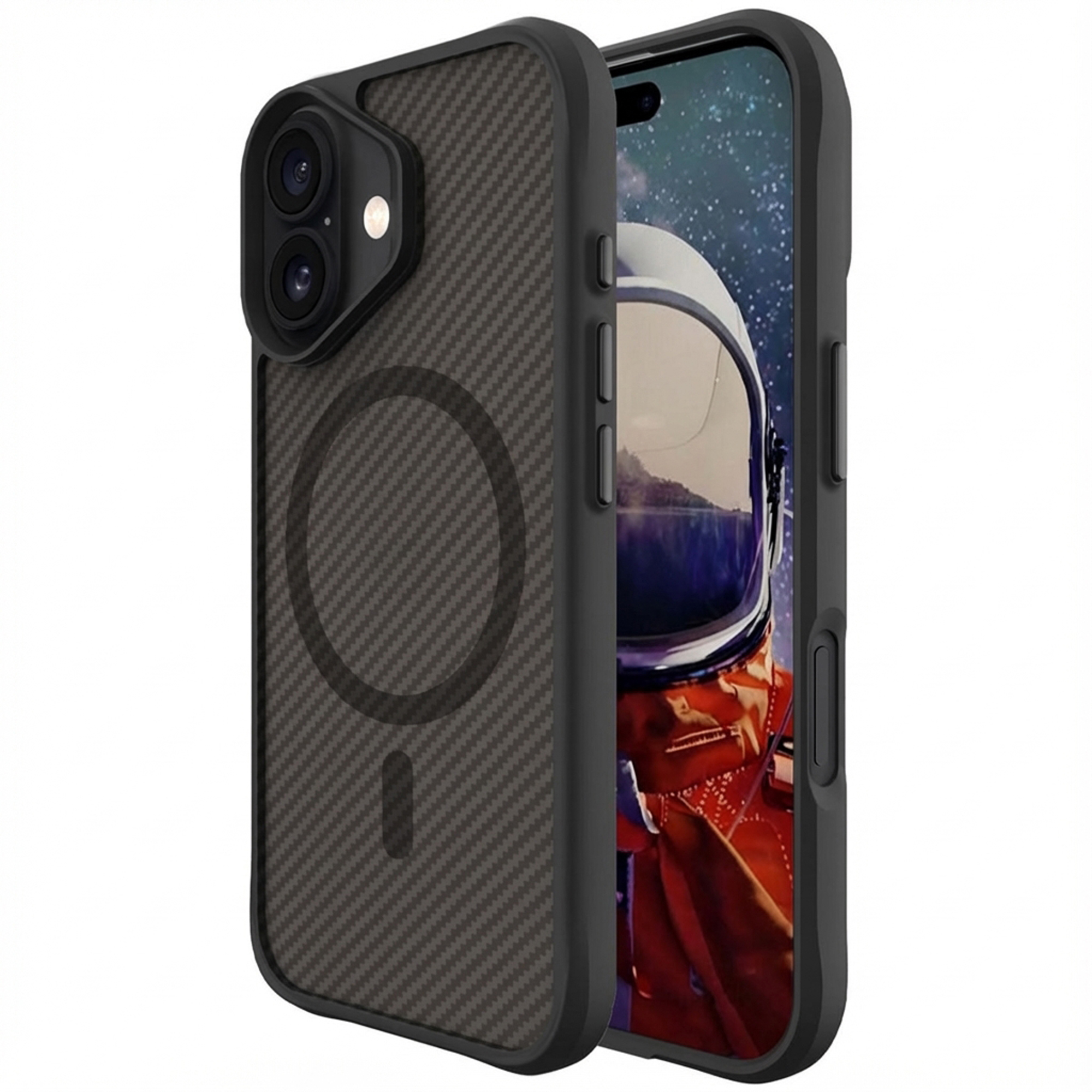 Coque de téléphone noire à motif carbone et anneau magnétique. Écran montre astronaute.