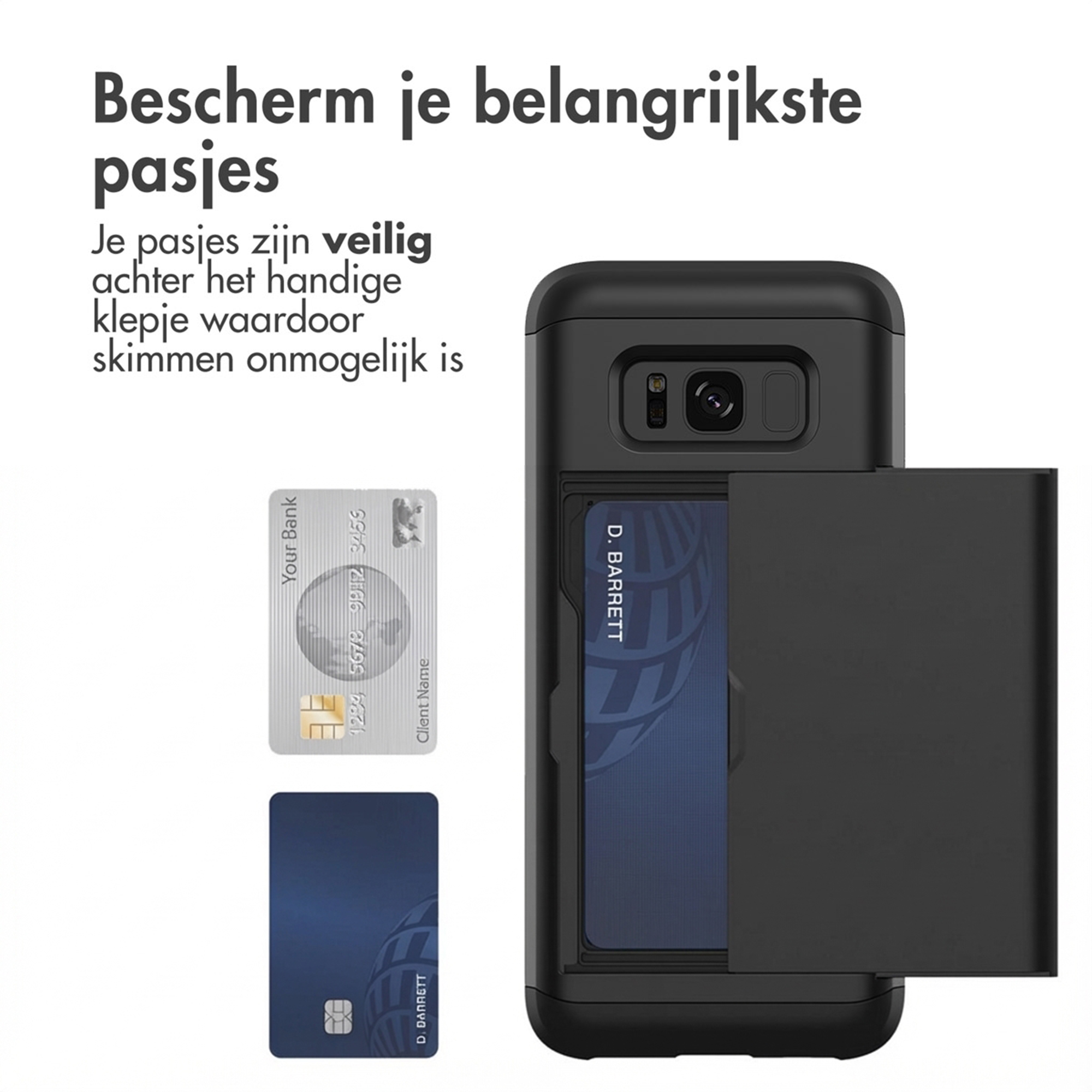 Coque de téléphone noire avec fente pour carte. Montre deux cartes de crédit.