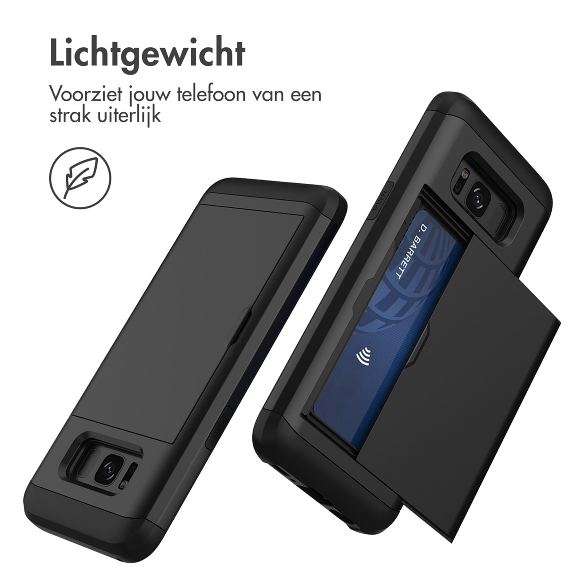 Coque de téléphone noire avec porte-cartes. Une carte est visible.