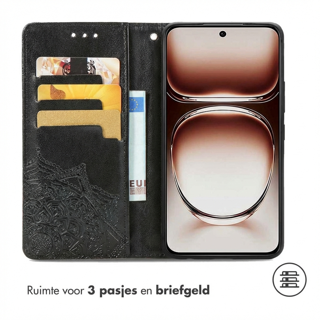Coque de téléphone noire avec fentes pour cartes et poche à billets. Montre des cartes et de l'argent.