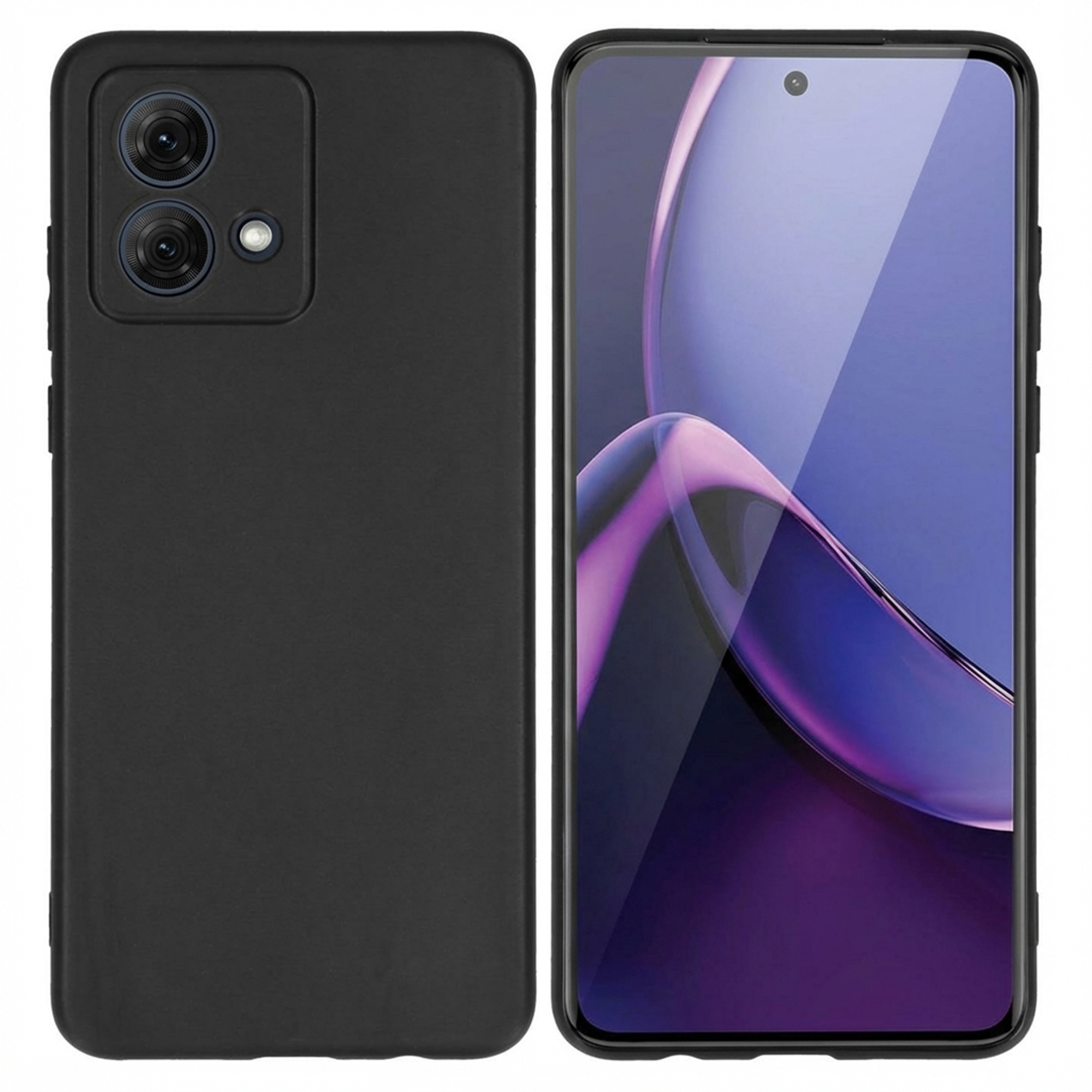 Een zwarte telefoonhoes en een smartphone met paarse achtergrond.