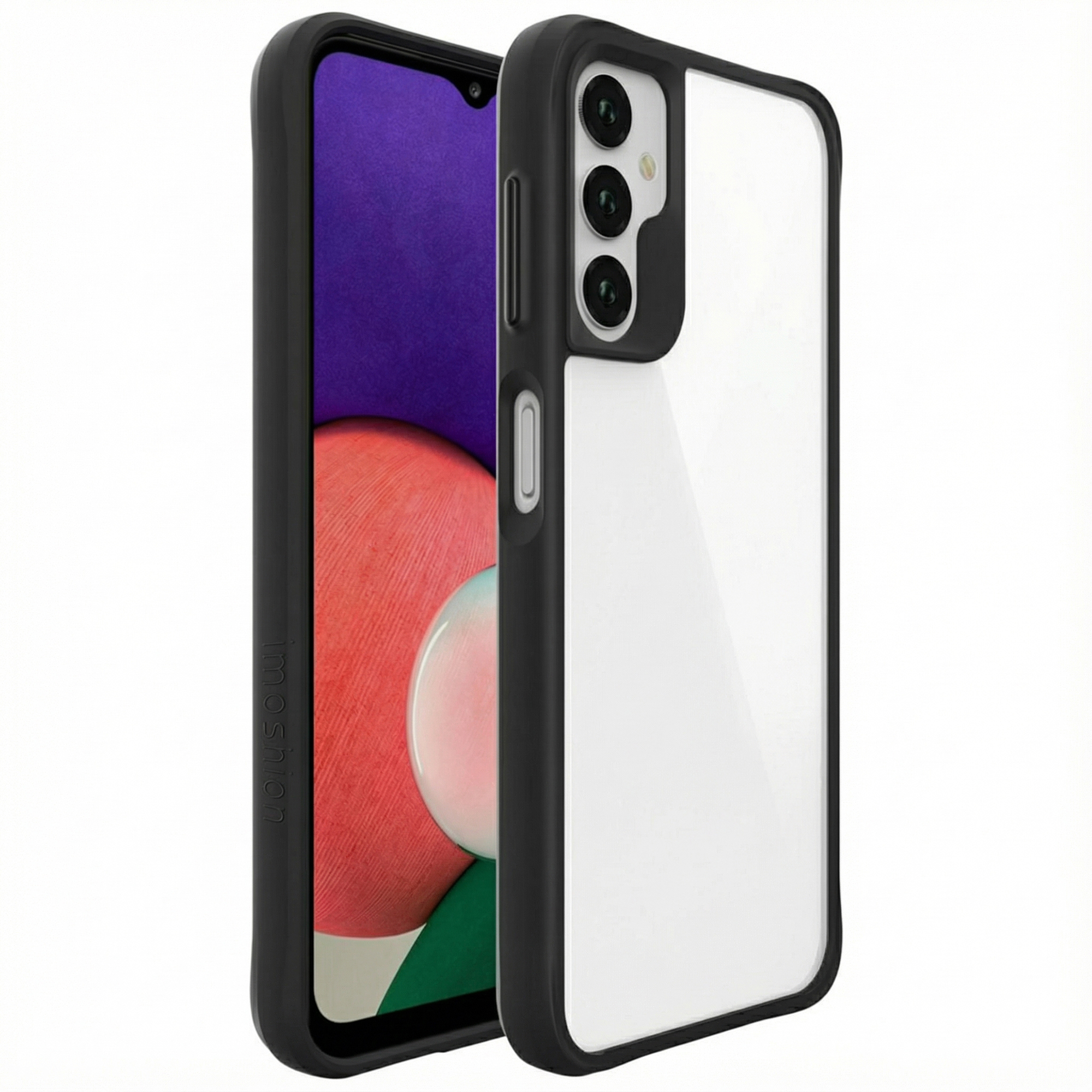 Een zwarte telefoonhoes toont een smartphone met paarse en rode achtergrond.