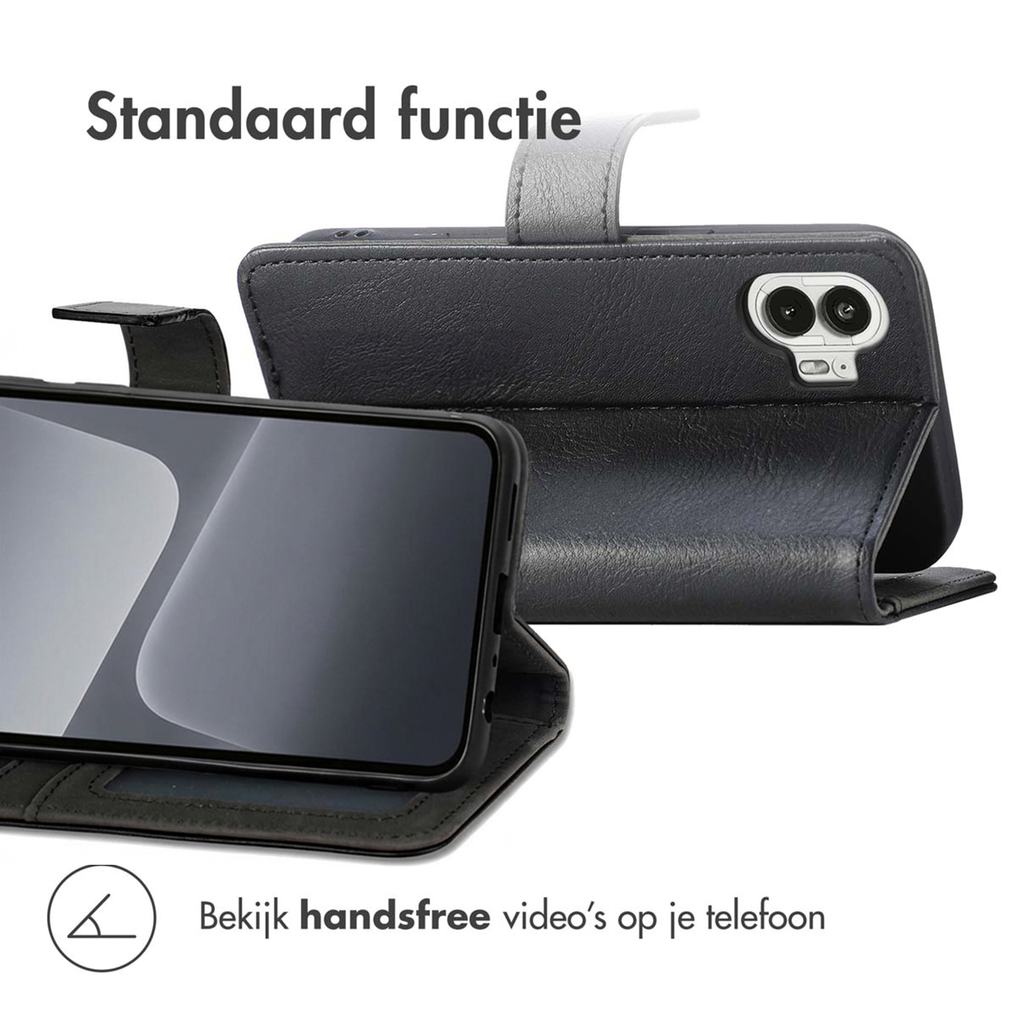 Een zwarte leren telefoonhoes met standaardfunctie en camerabescherming.