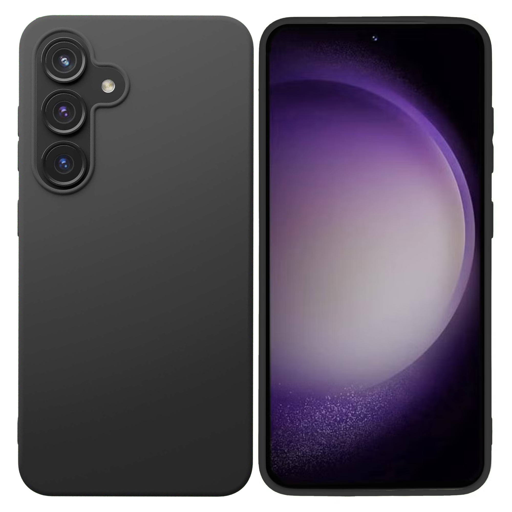 Zwart telefoonhoesje naast een smartphone met paarse achtergrond.