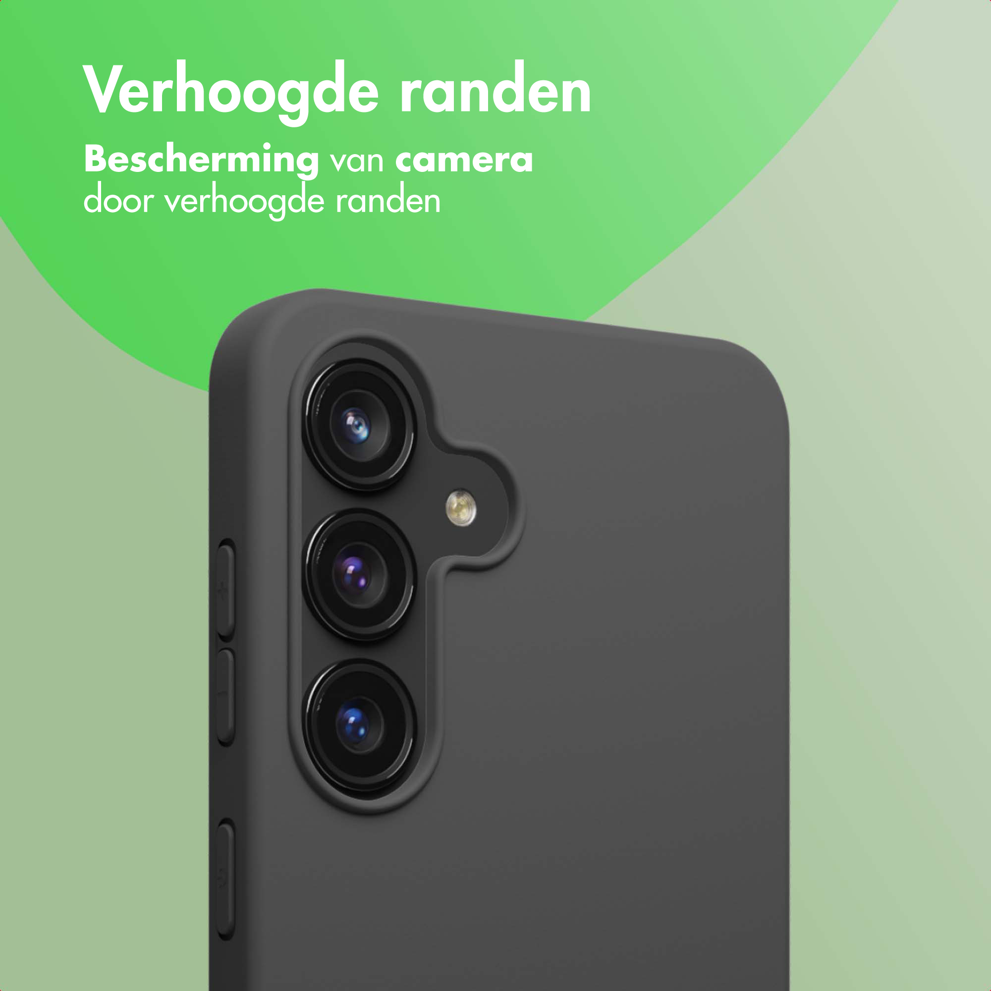 Zwarte telefoonhoes met drie camera's en verhoogde randen.