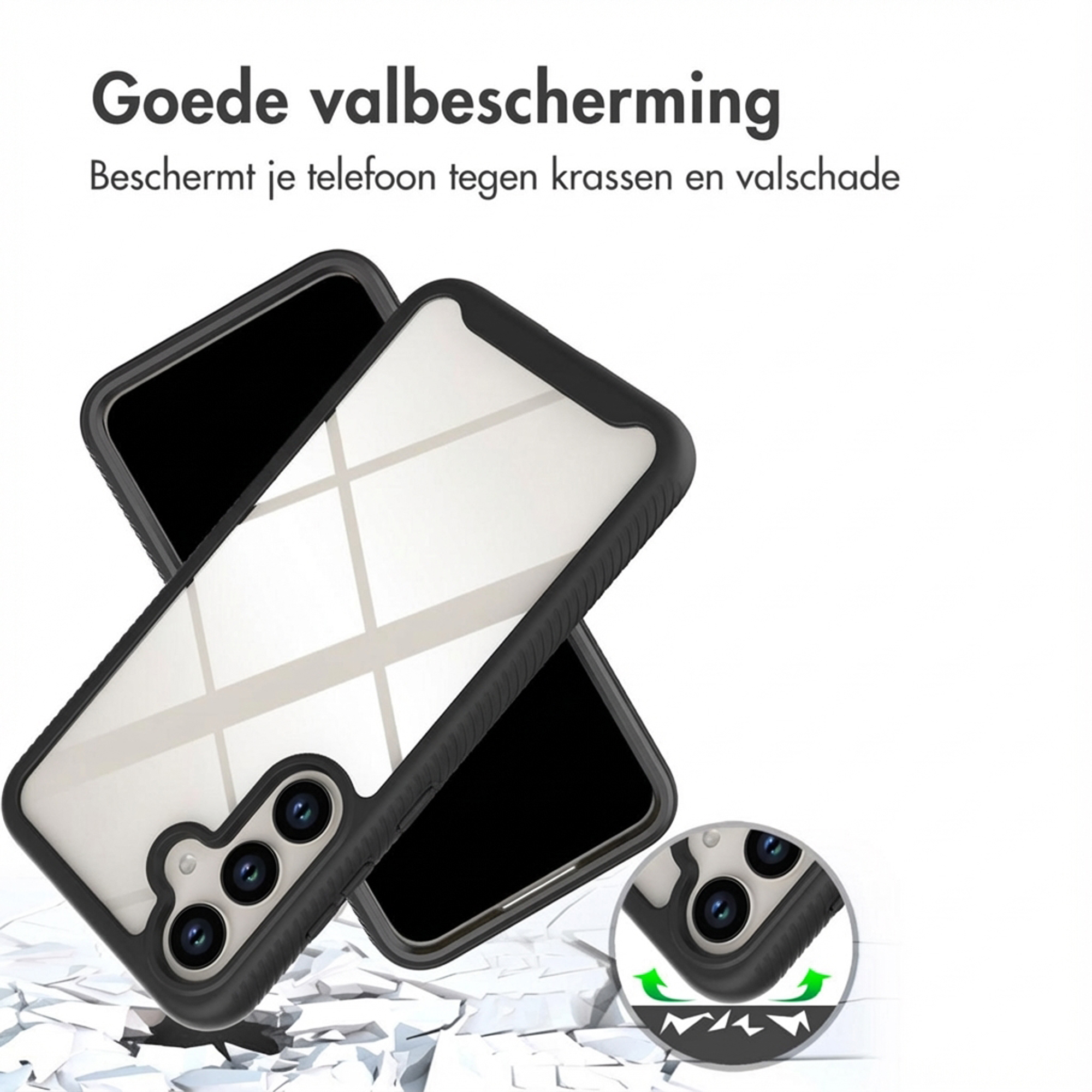 Schwarze Handyhülle mit transparentem Rücken und drei Kameras.