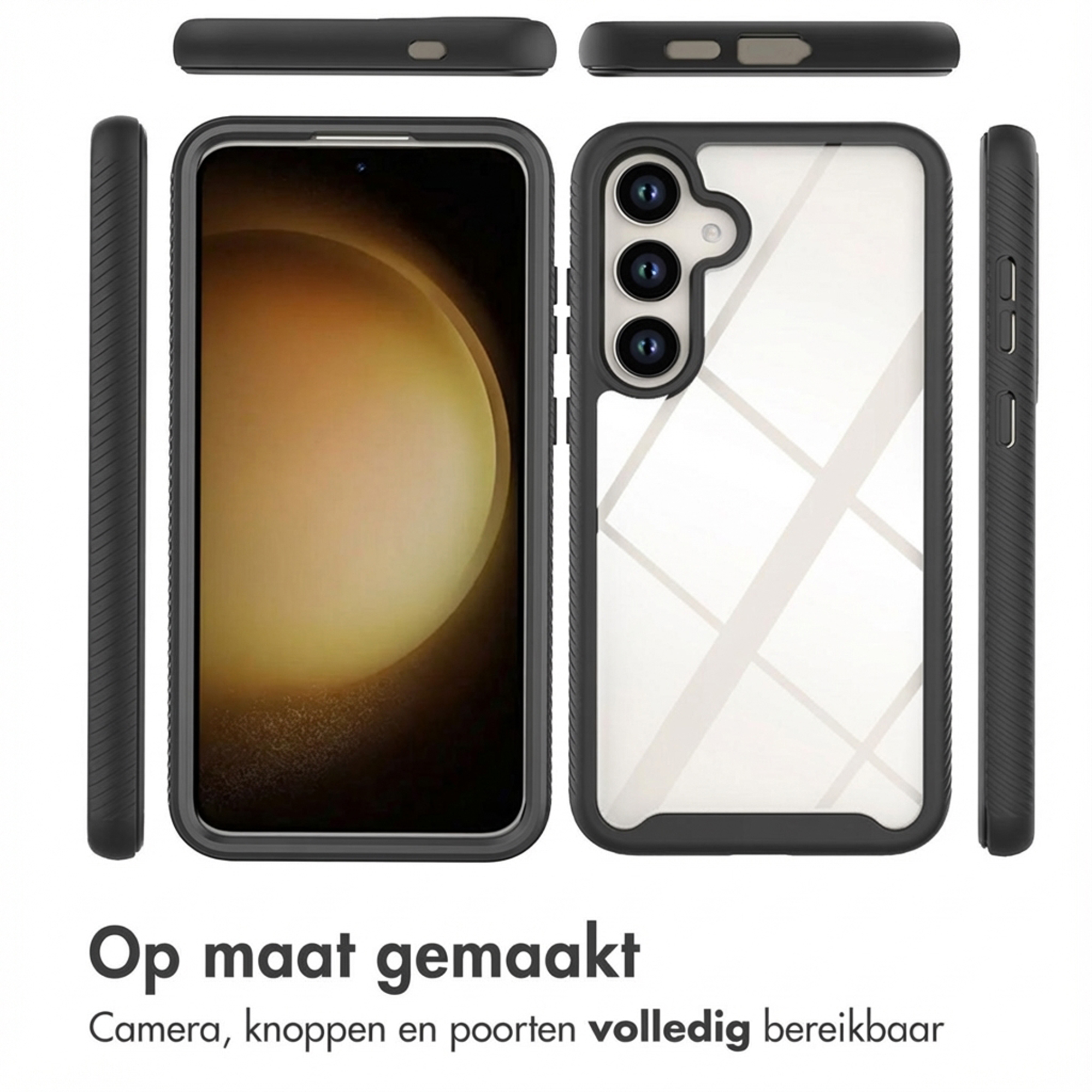 Ein schwarzes Handy-Case mit klarer Rückseite und Kameraöffnung.