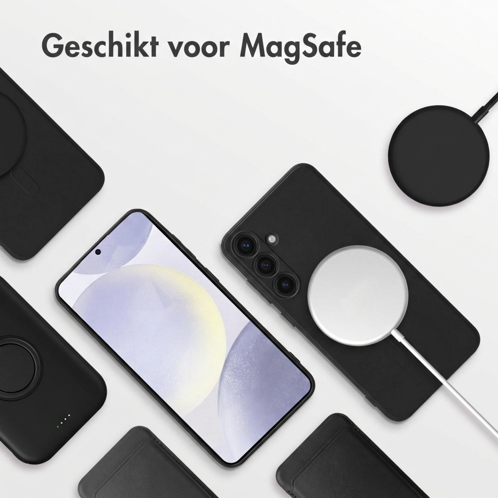Een smartphone met MagSafe oplader en accessoires, op witte achtergrond.