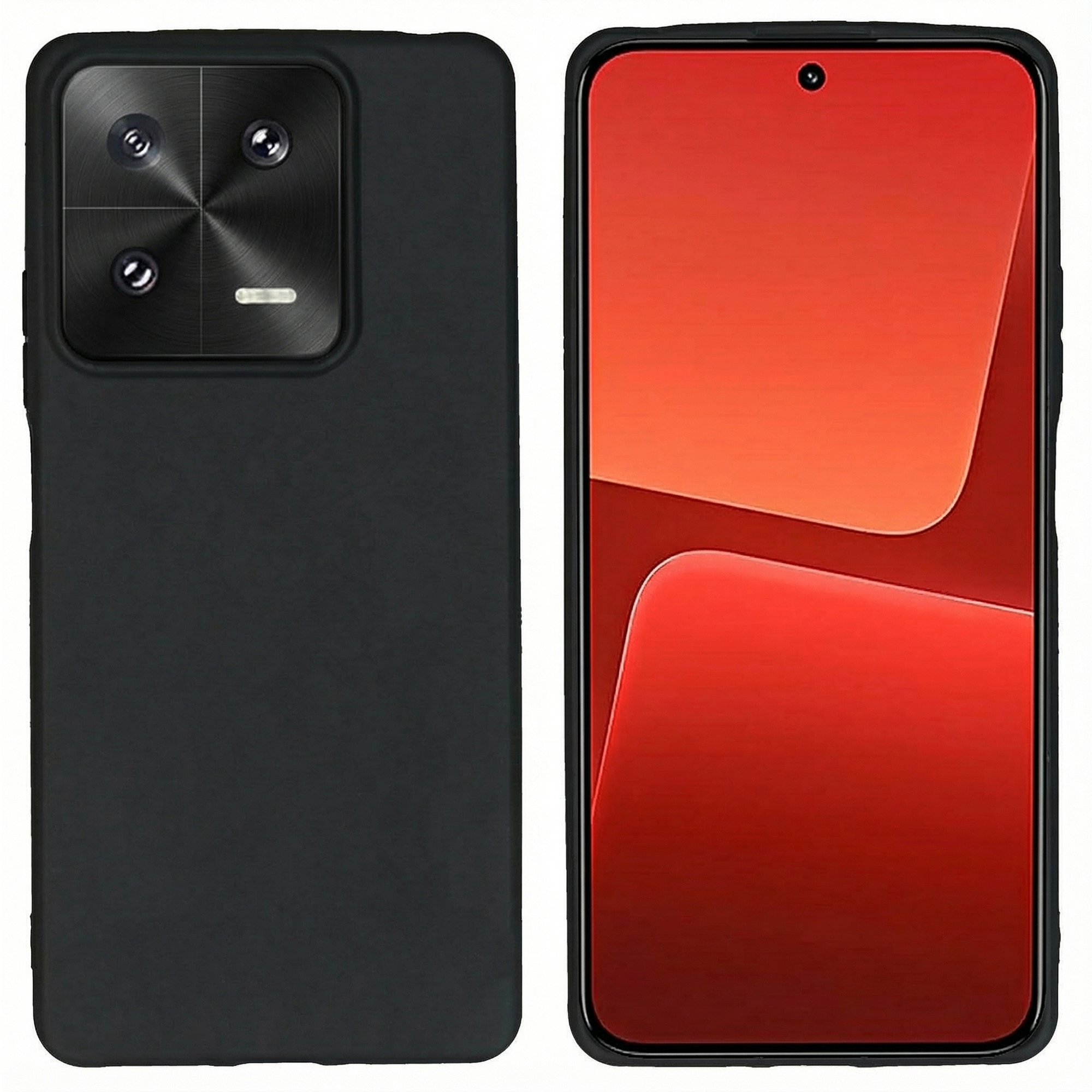 Custodia nera per telefono con fotocamera quadrupla accanto a uno smartphone con schermo rosso.
