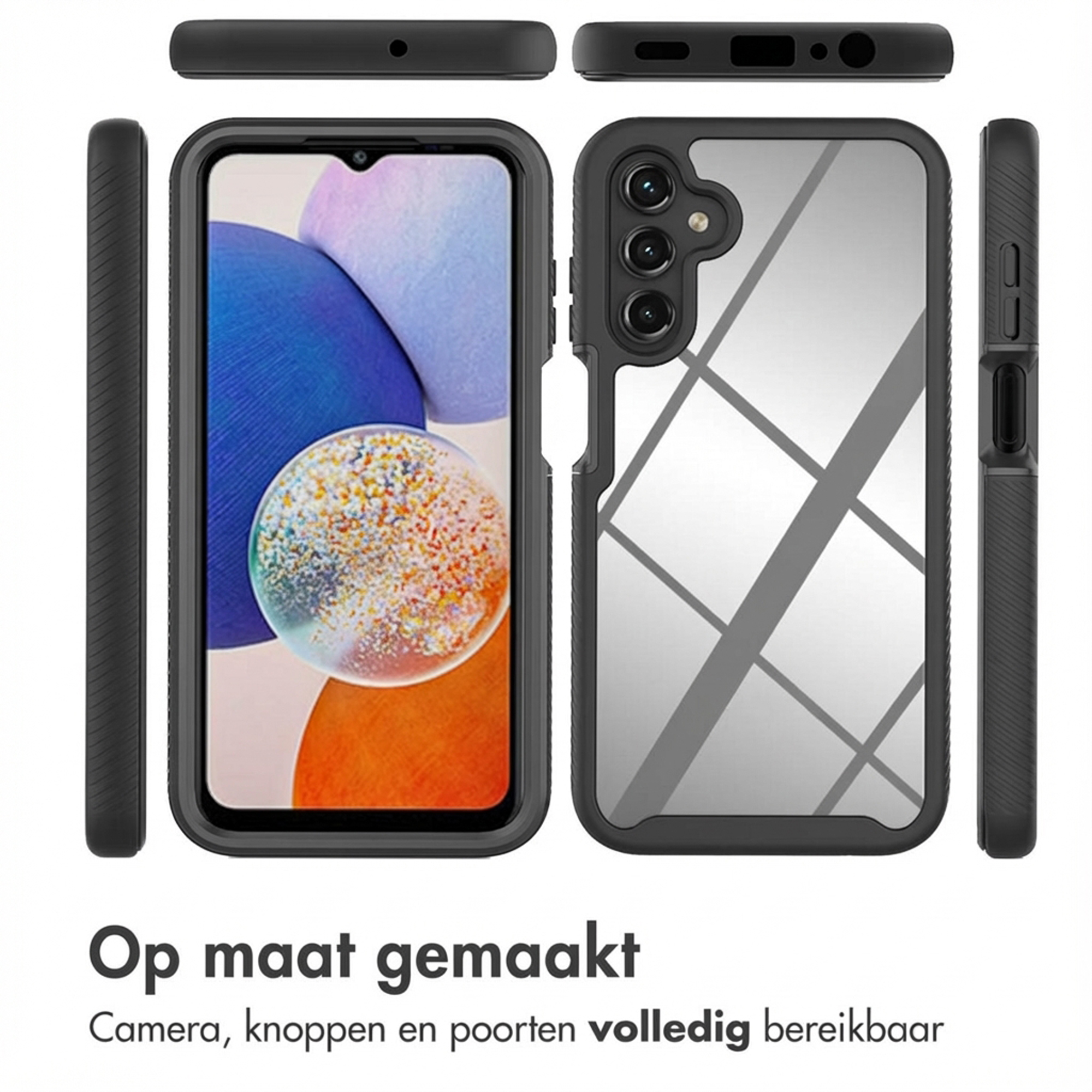 Schwarze Handyhülle mit Spiegelrückseite und Kameraaussparung, seitliche Ansichten.